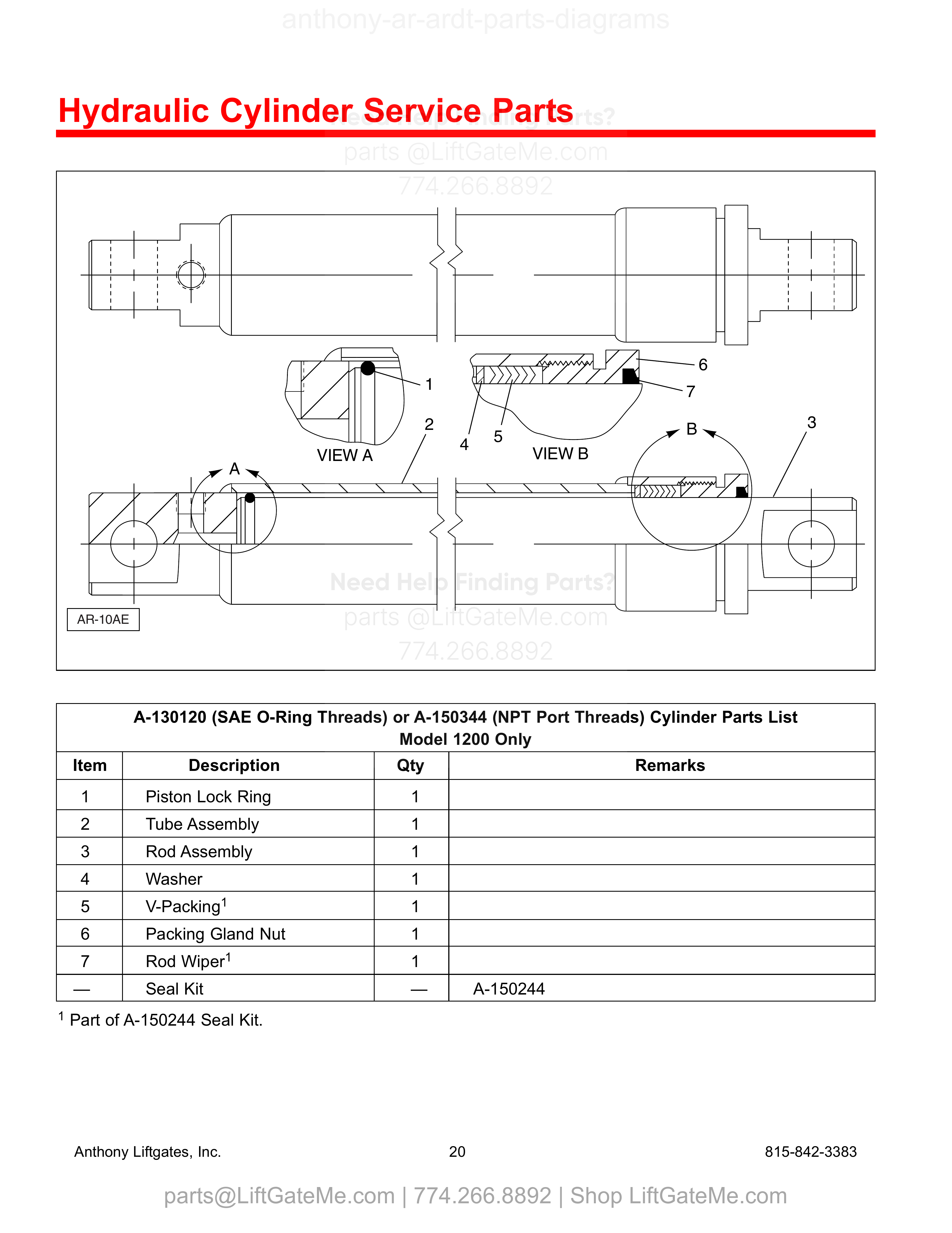 A-130120 (SAE O-Ring Threads) or A-150344 (NPT Port Threads) Cylinder Parts List diagram