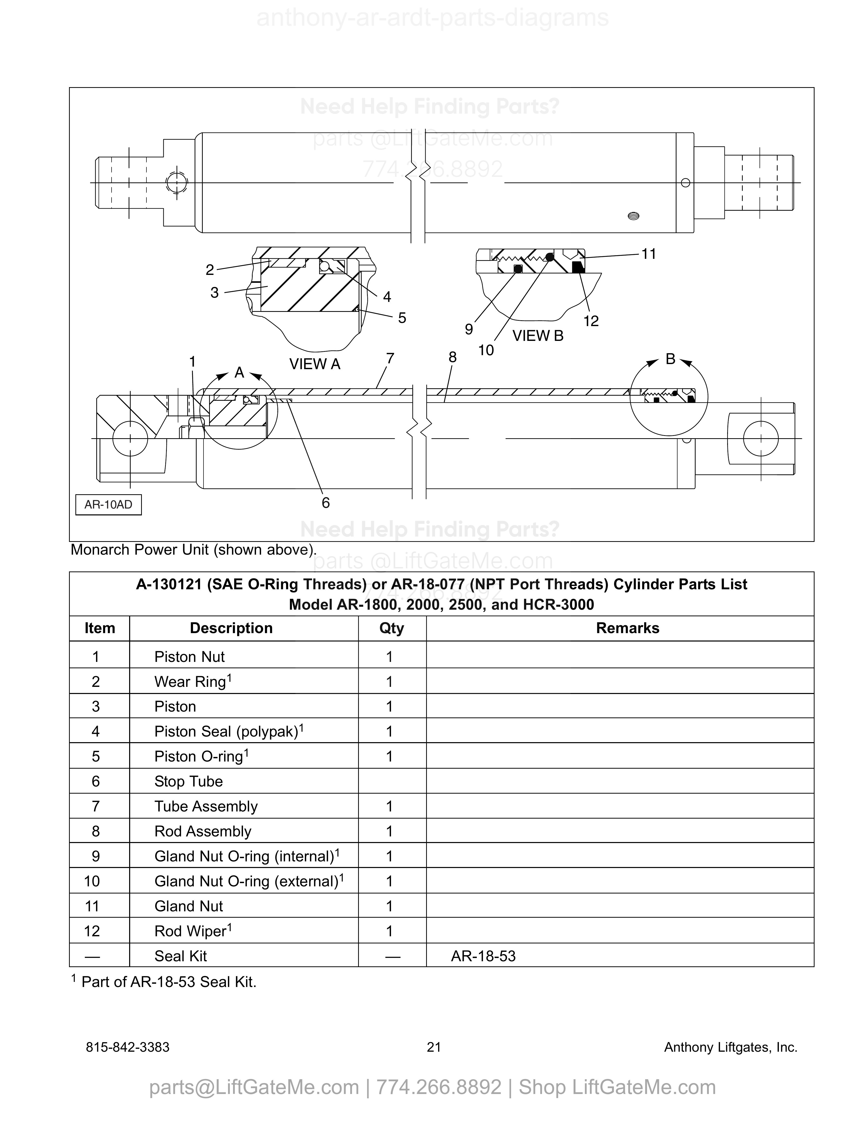 A-130121 (SAE O-Ring Threads) or AR-18-077 (NPT Port Threads) Cylinder Parts List diagram