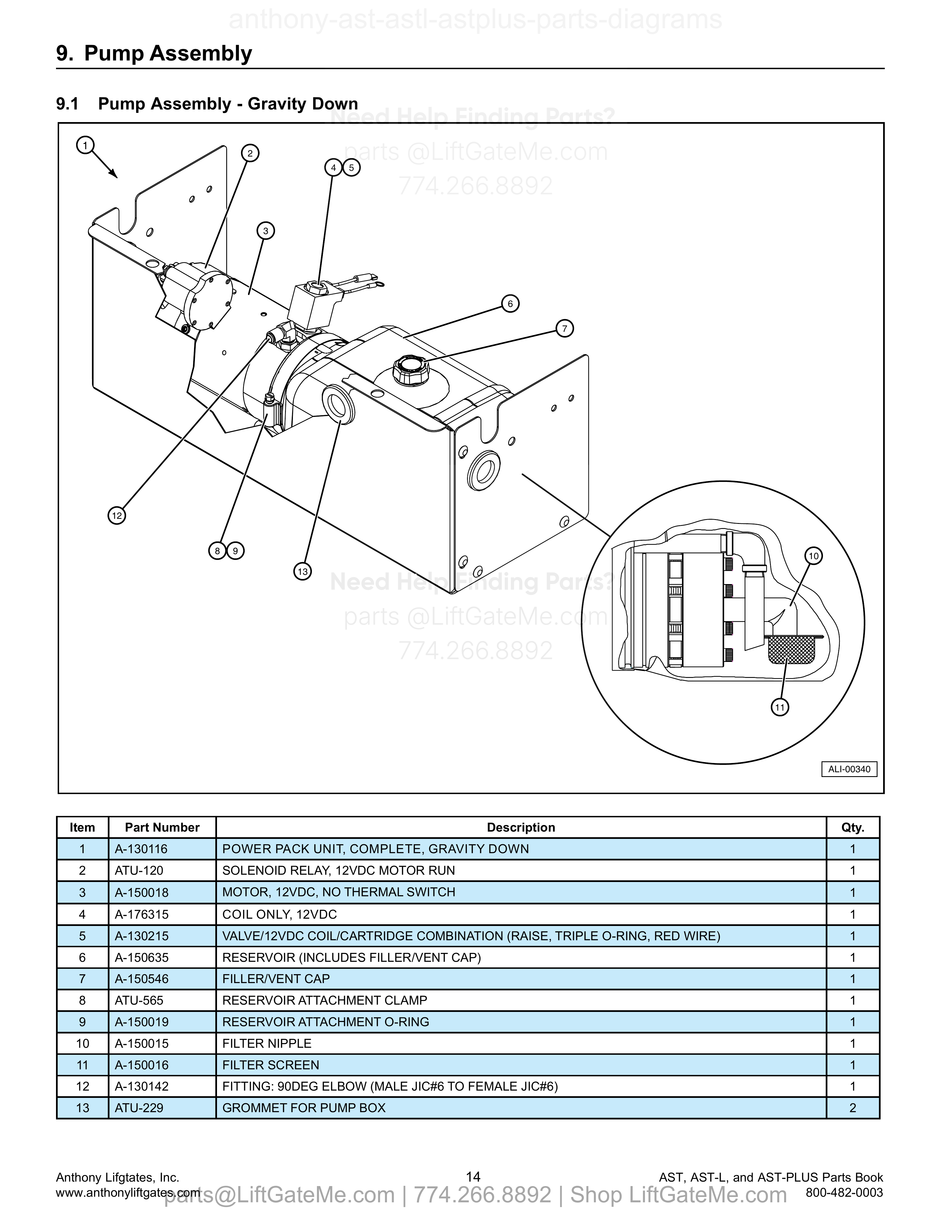 9.1 Pump Assembly - Gravity Down diagram