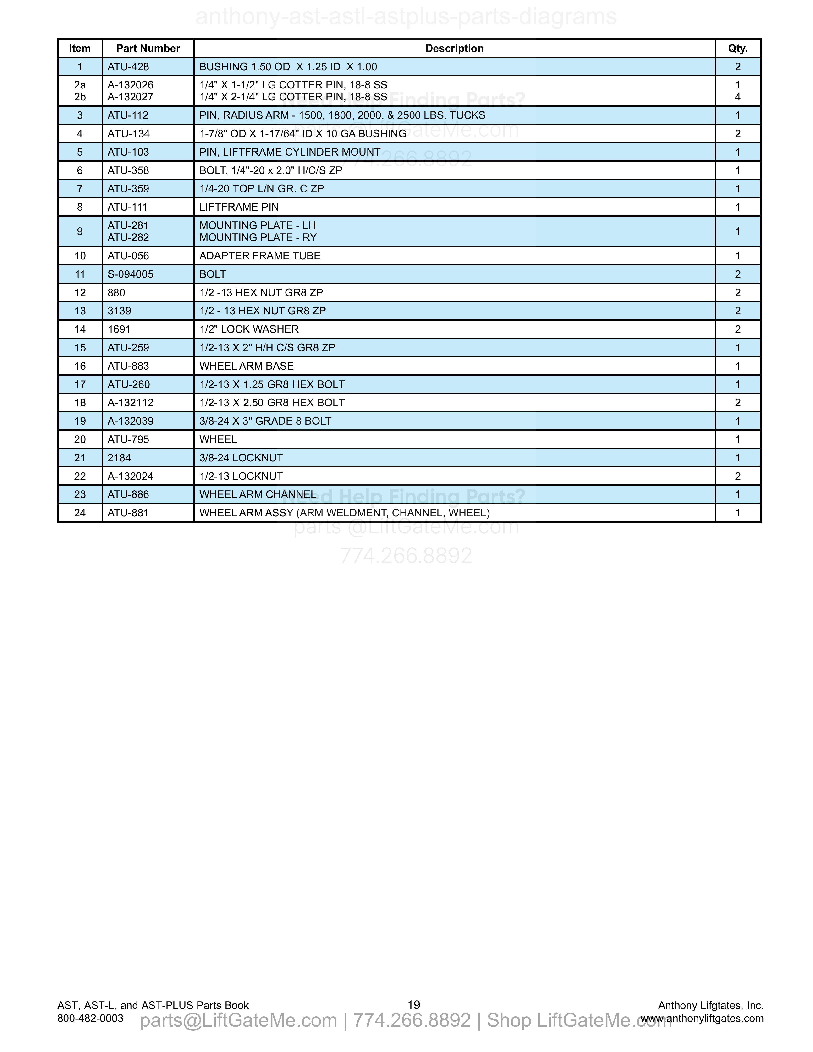 11. Adapter Frame Assembly parts table