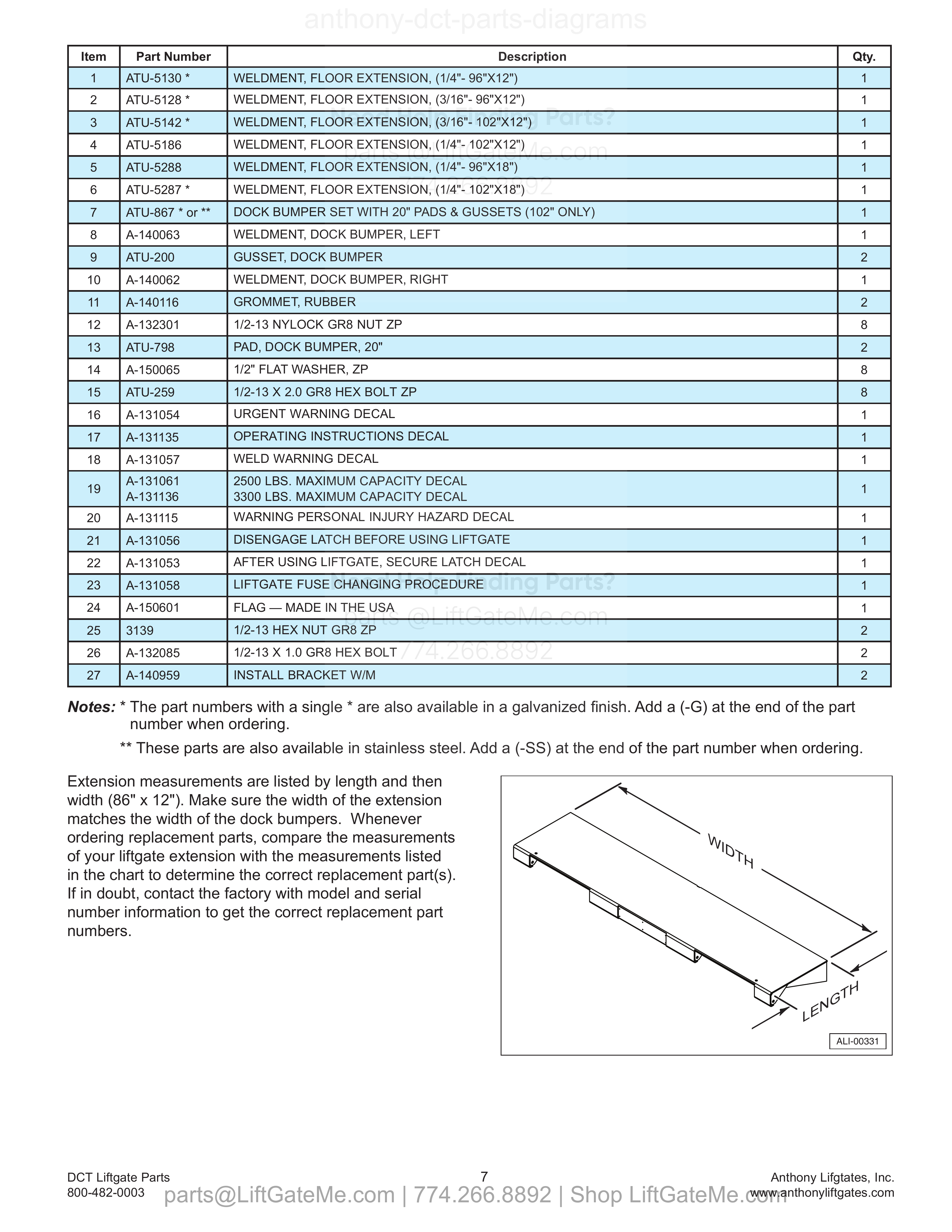 3. Standard Floor Extension, Dock Bumpers, and Decals parts table