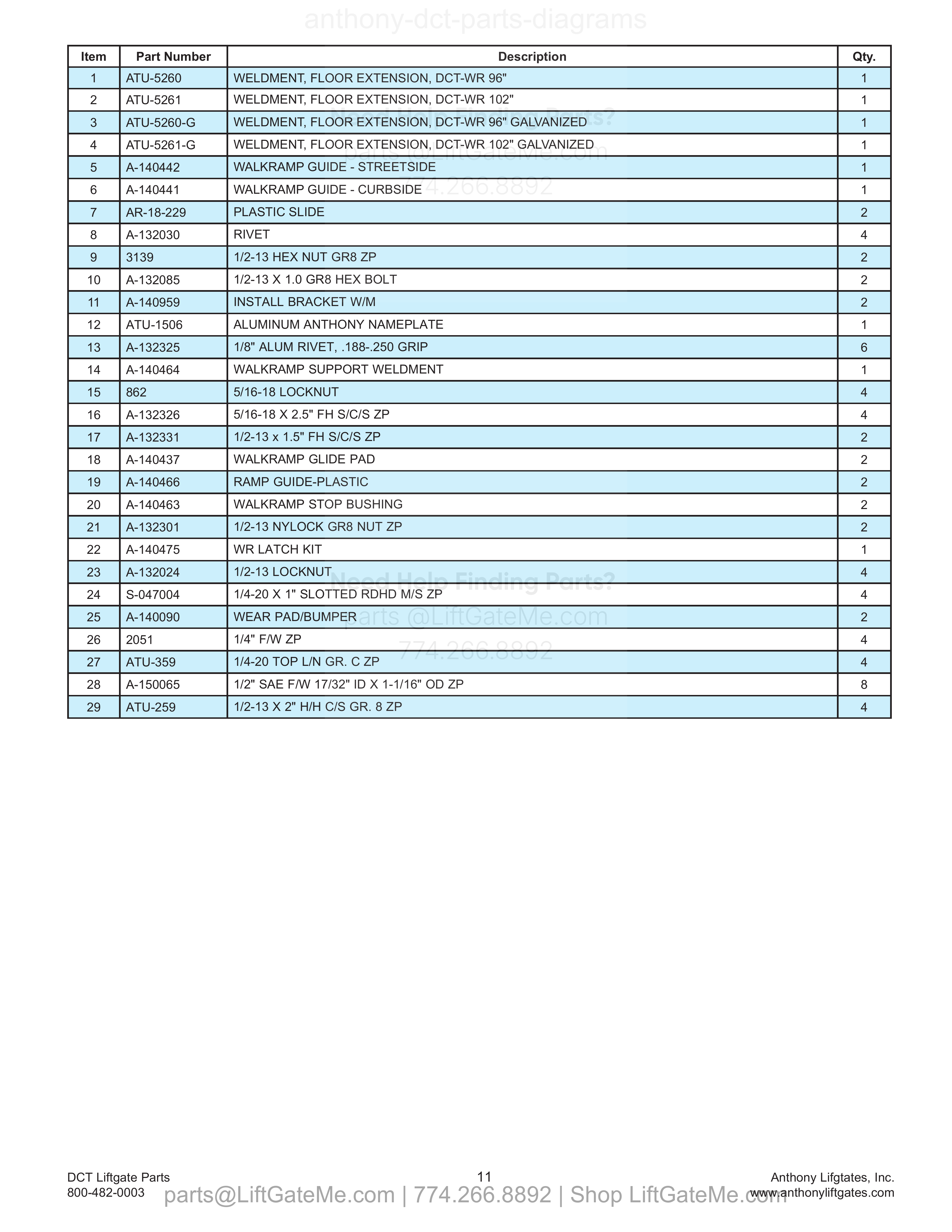 5. Walk Ramp Floor Extension parts table