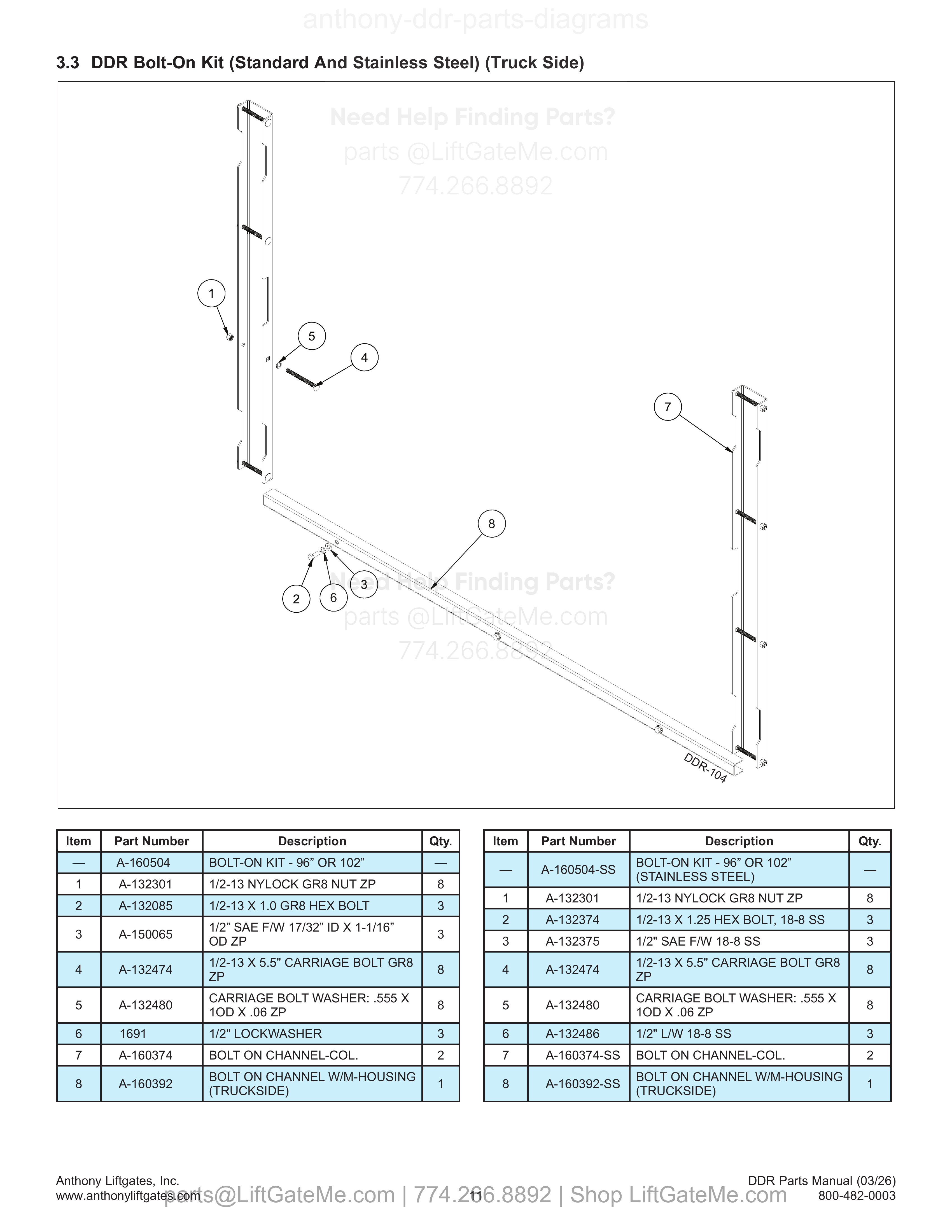 3.3 DDR Bolt-On Kit (Standard And Stainless Steel) (Truck Side) diagram