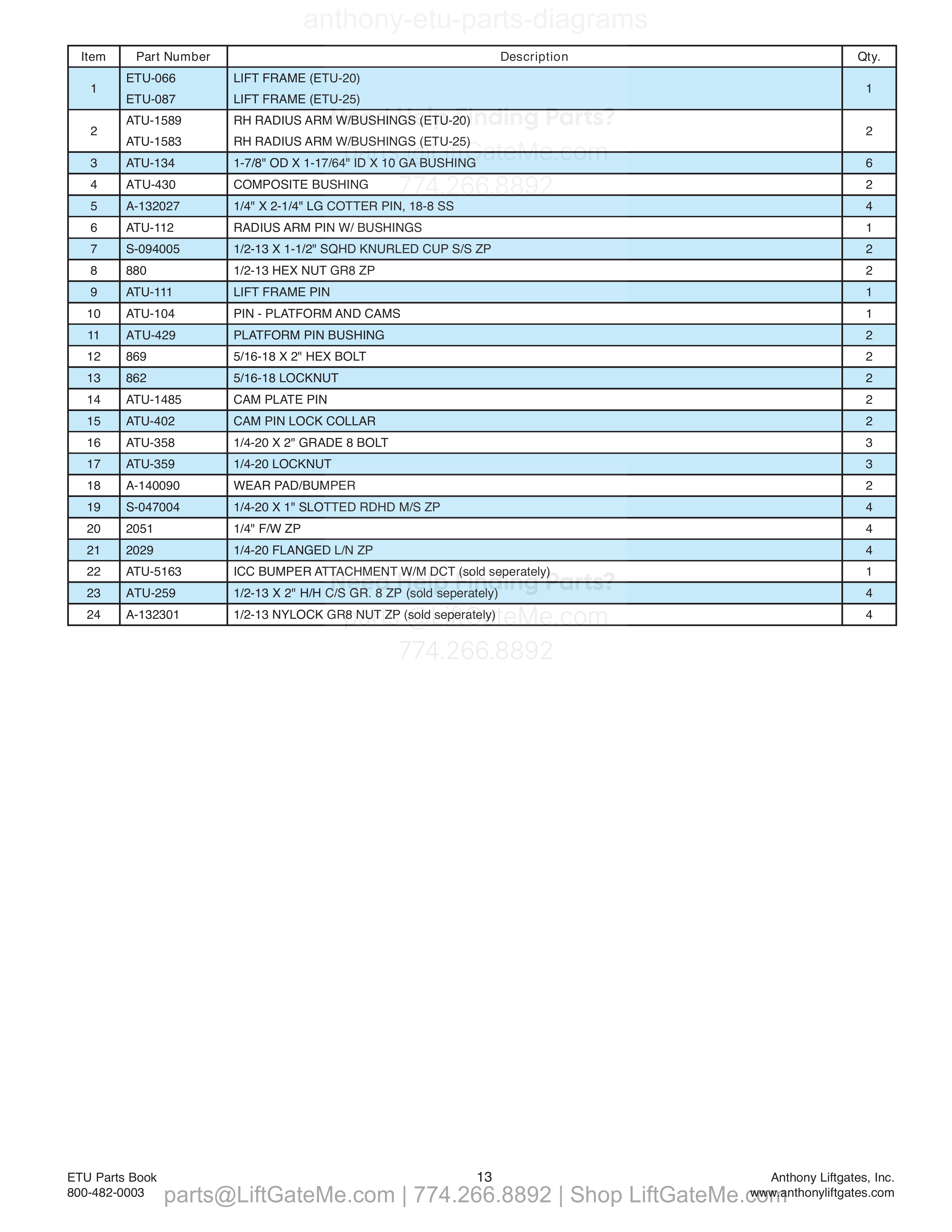 9. Lift Frame Assembly parts table
