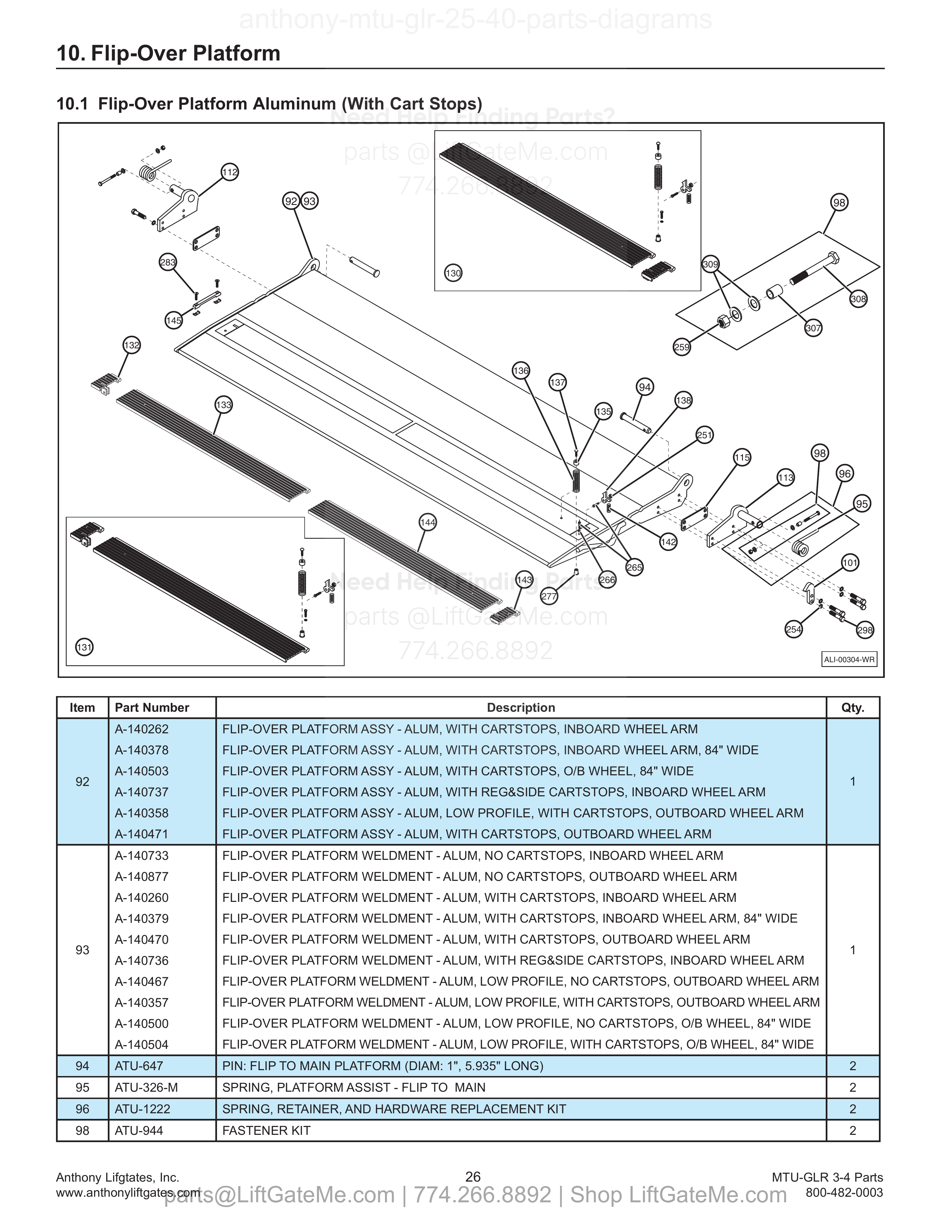 10.1 Flip-Over Platform Aluminum (With Cart Stops) diagram