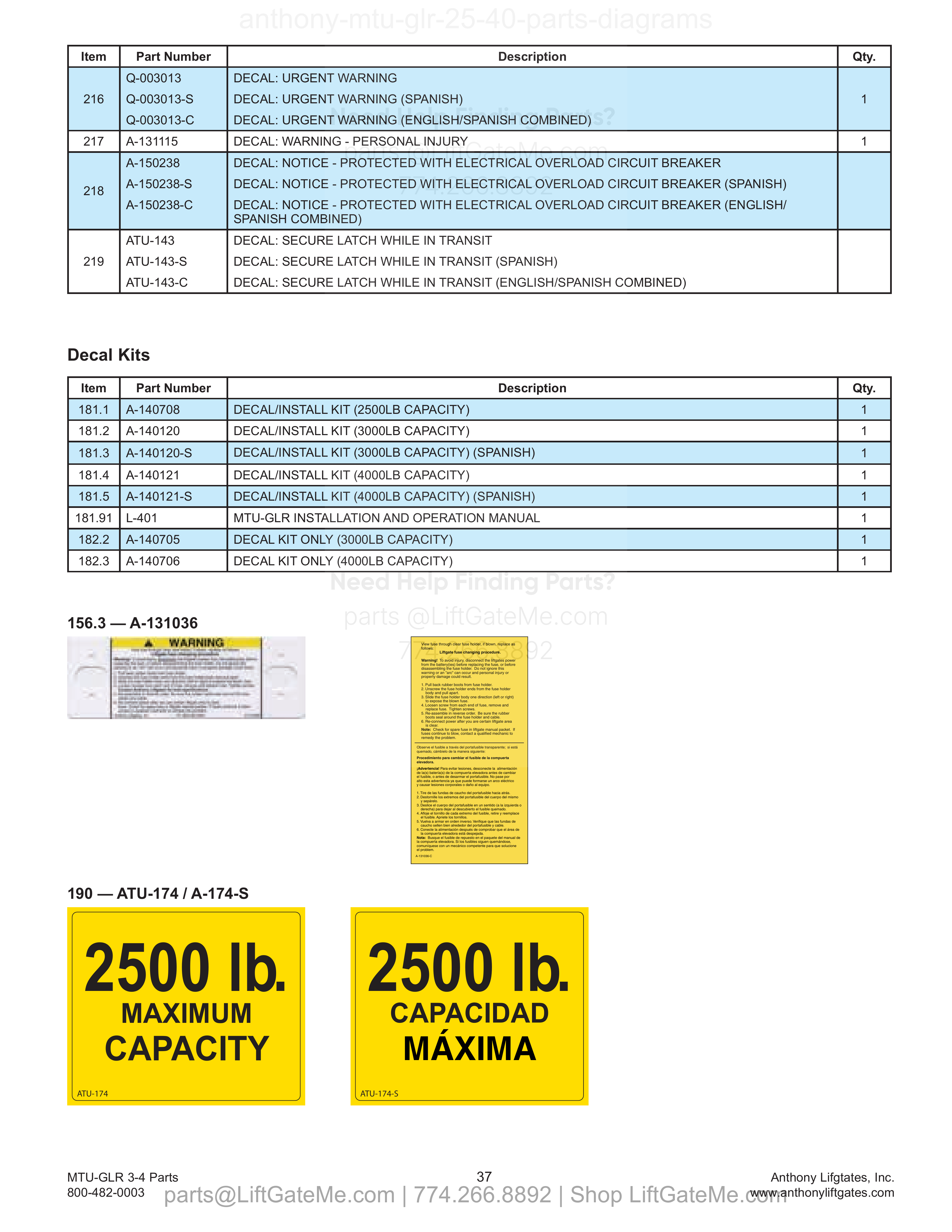 14. Safety and Instructional Decals (continued) parts table