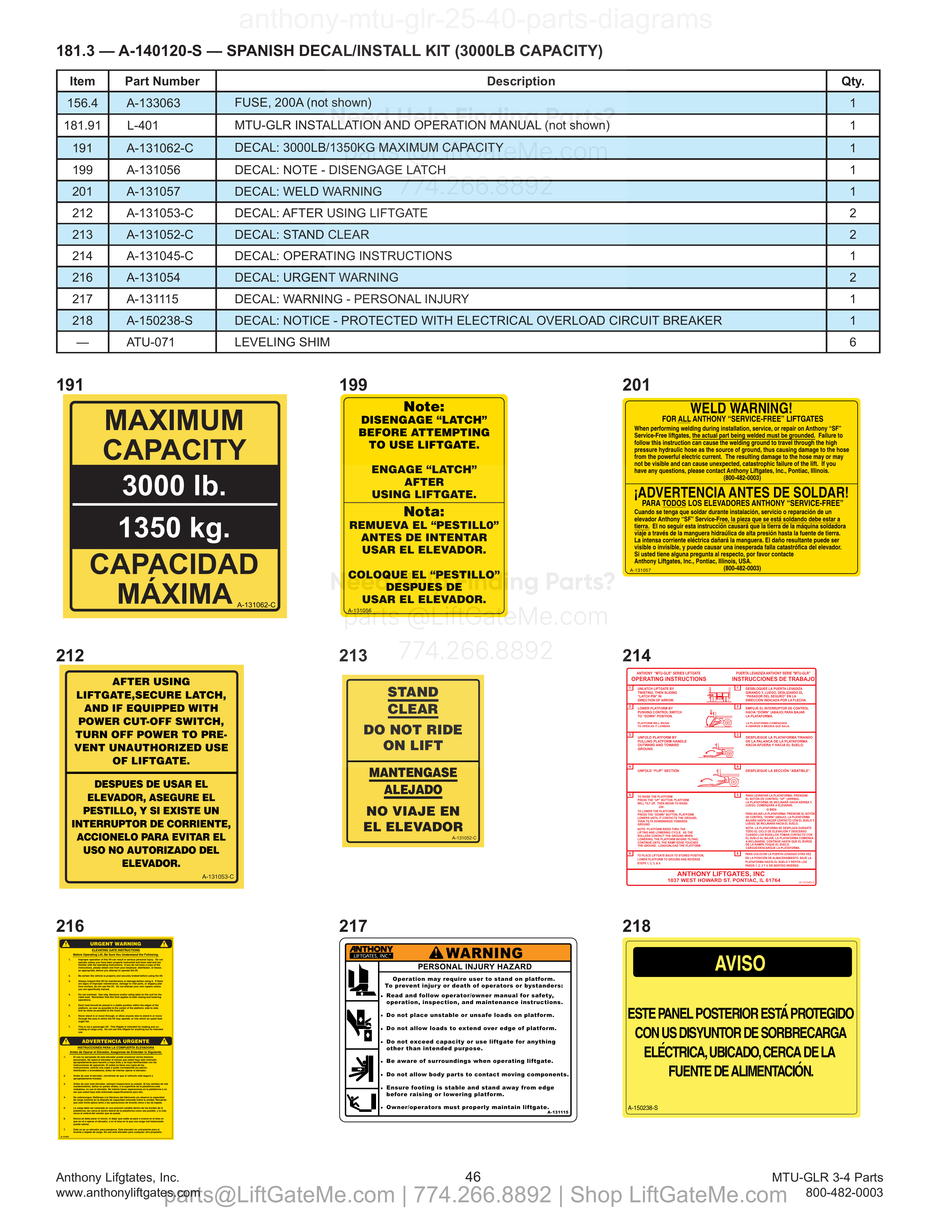 181.3 — A-140120-S — SPANISH DECAL/INSTALL KIT (3000LB CAPACITY) diagram