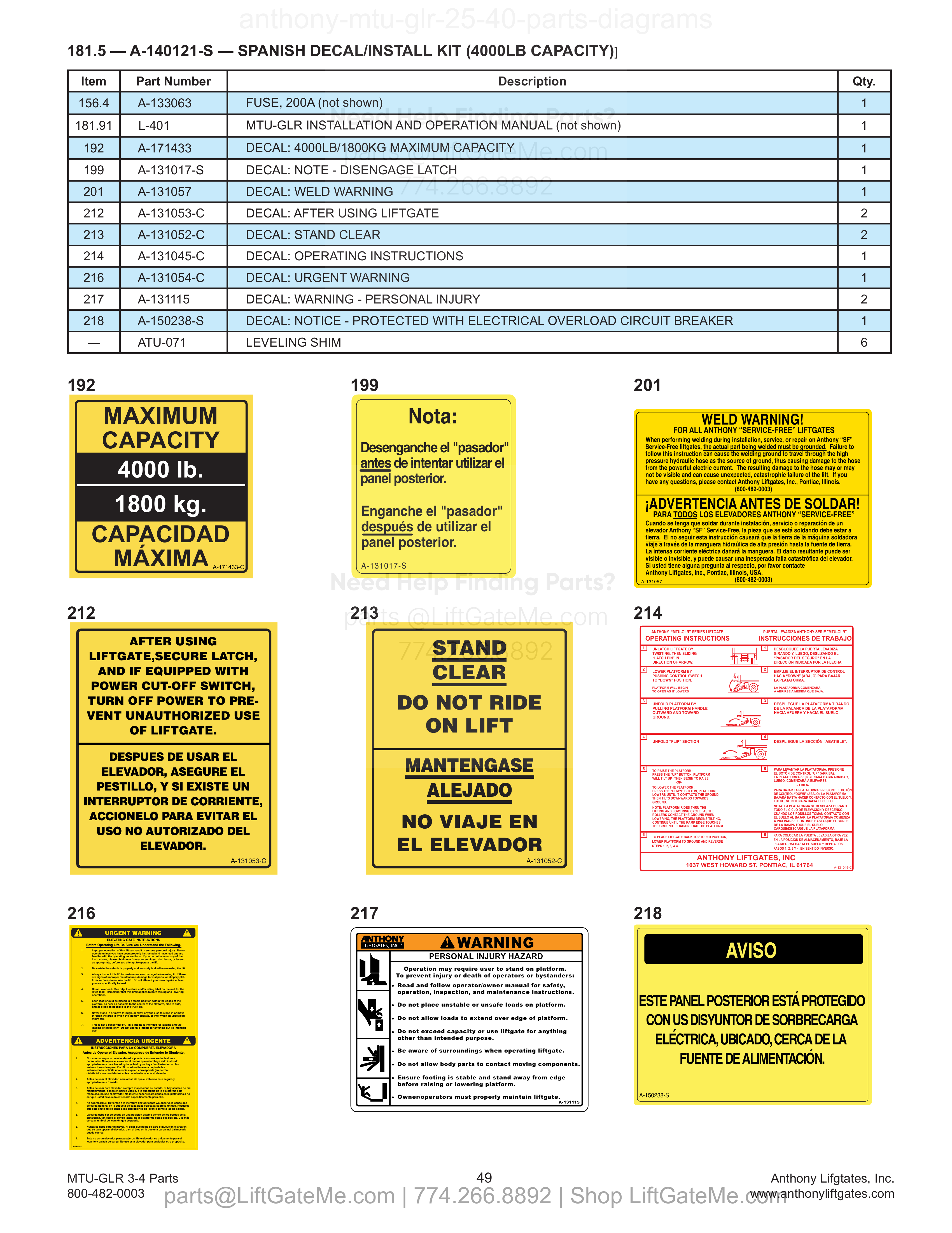 181.5 — A-140121-S — SPANISH DECAL/INSTALL KIT (4000LB CAPACITY) diagram