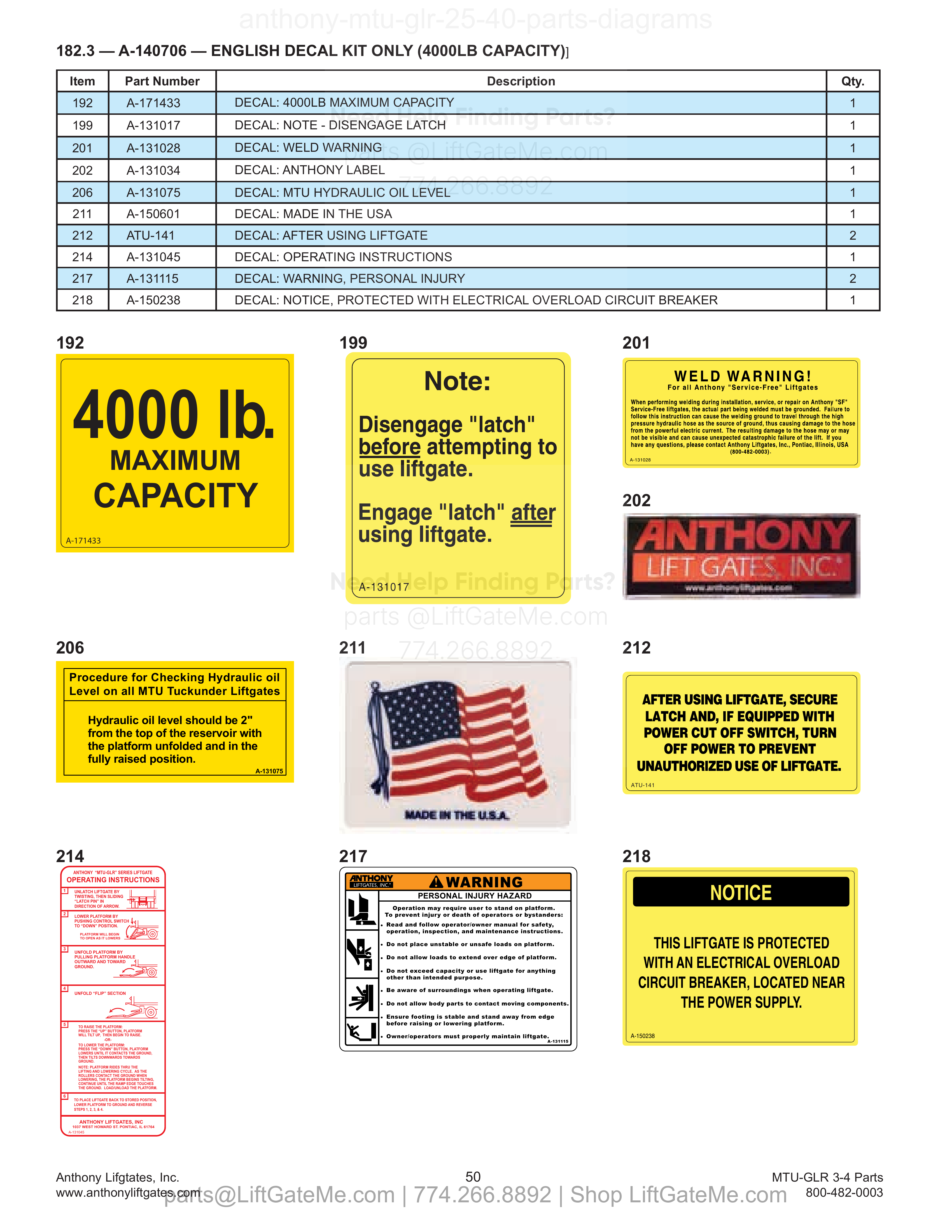 182.3 — A-140706 — ENGLISH DECAL KIT ONLY (4000LB CAPACITY) diagram
