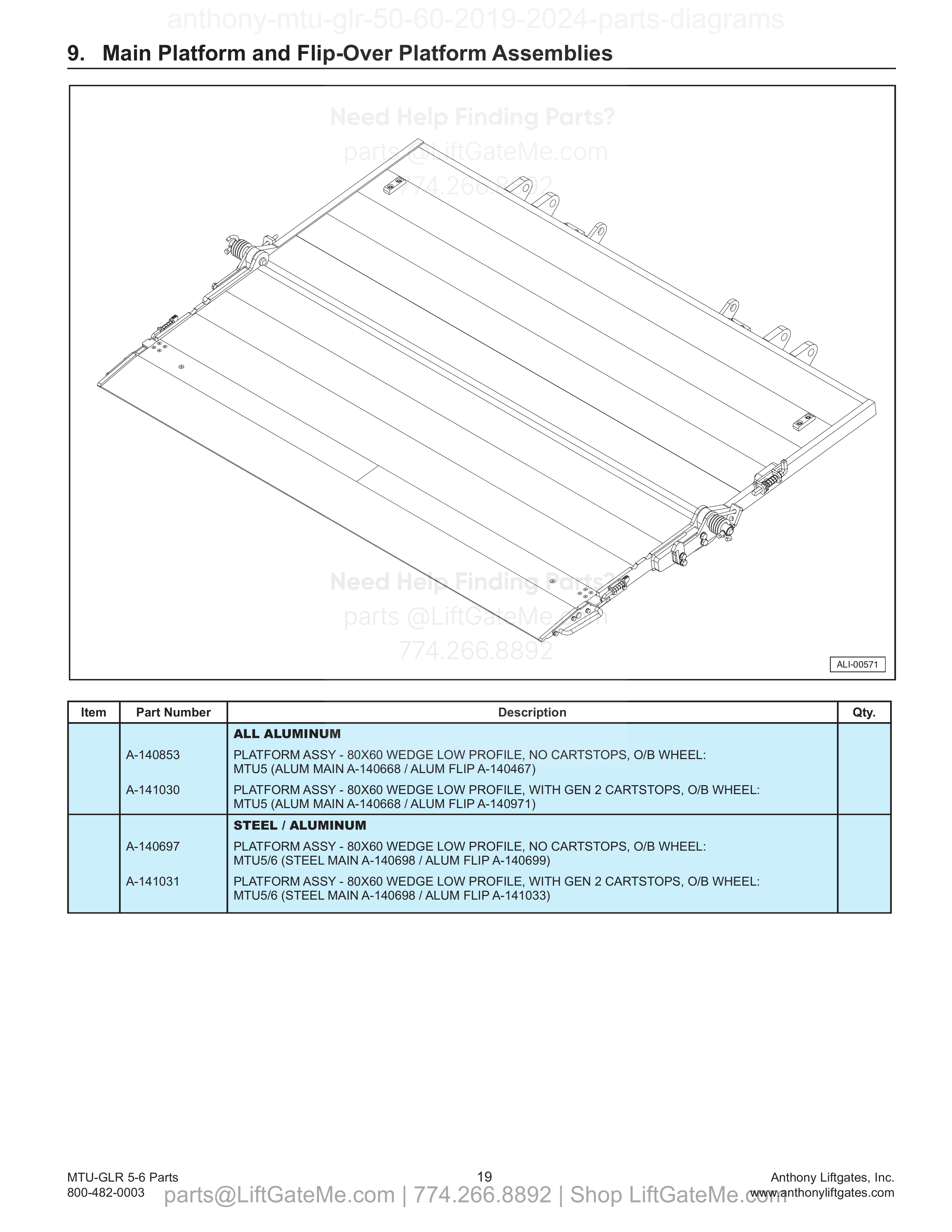 9. Main Platform and Flip-Over Platform Assemblies diagram