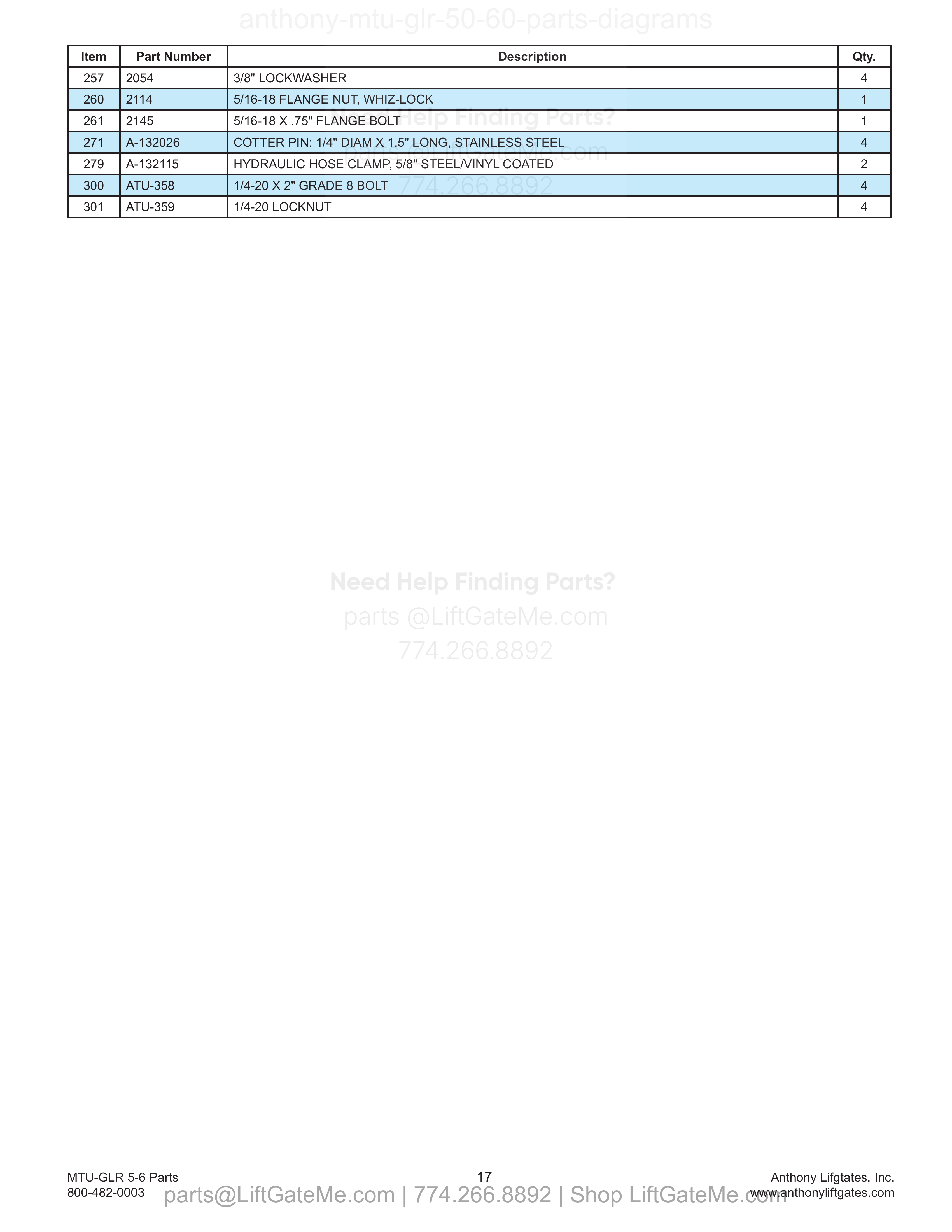 7. Hydraulic Cylinders (continued) parts table