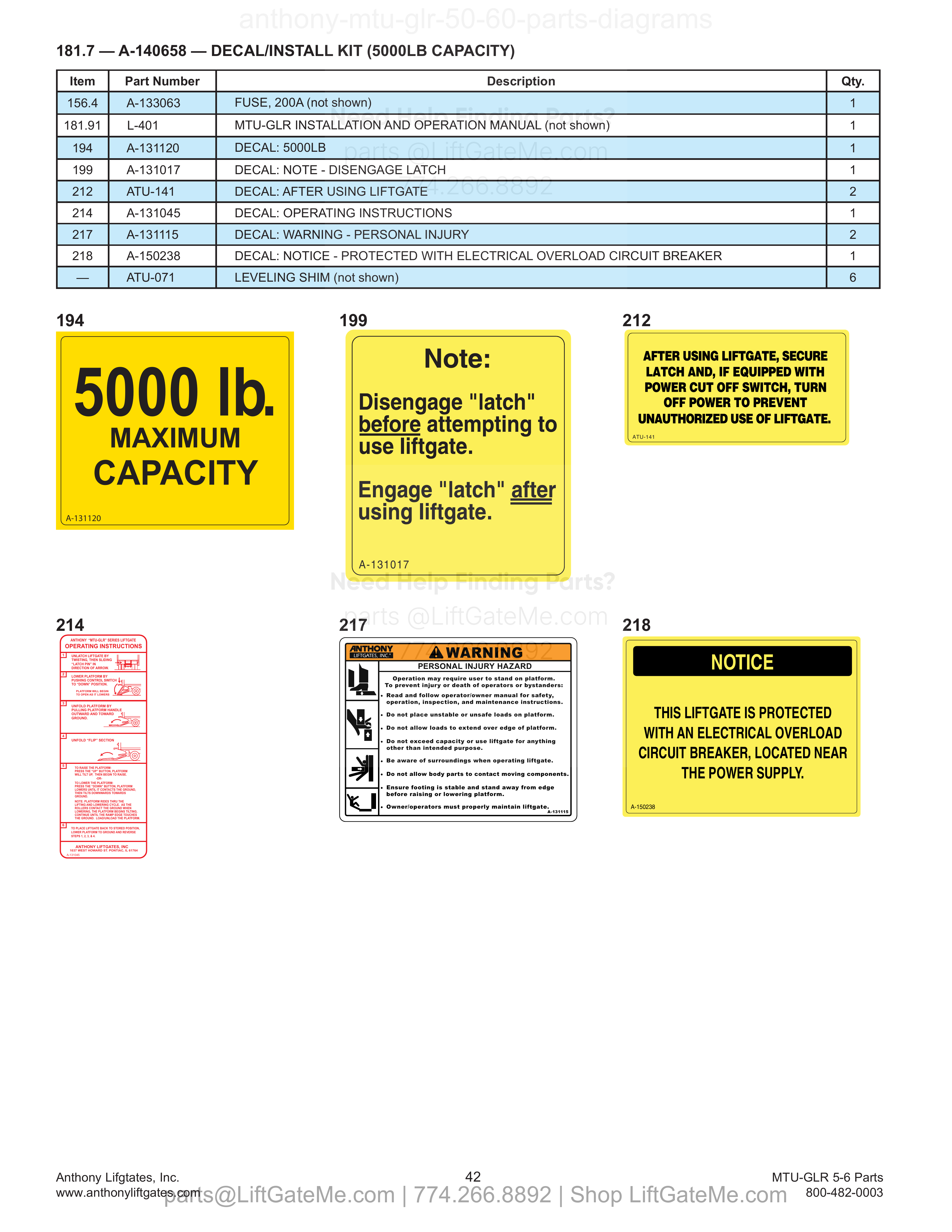 181.7 — A-140658 — DECAL/INSTALL KIT (5000LB CAPACITY) diagram