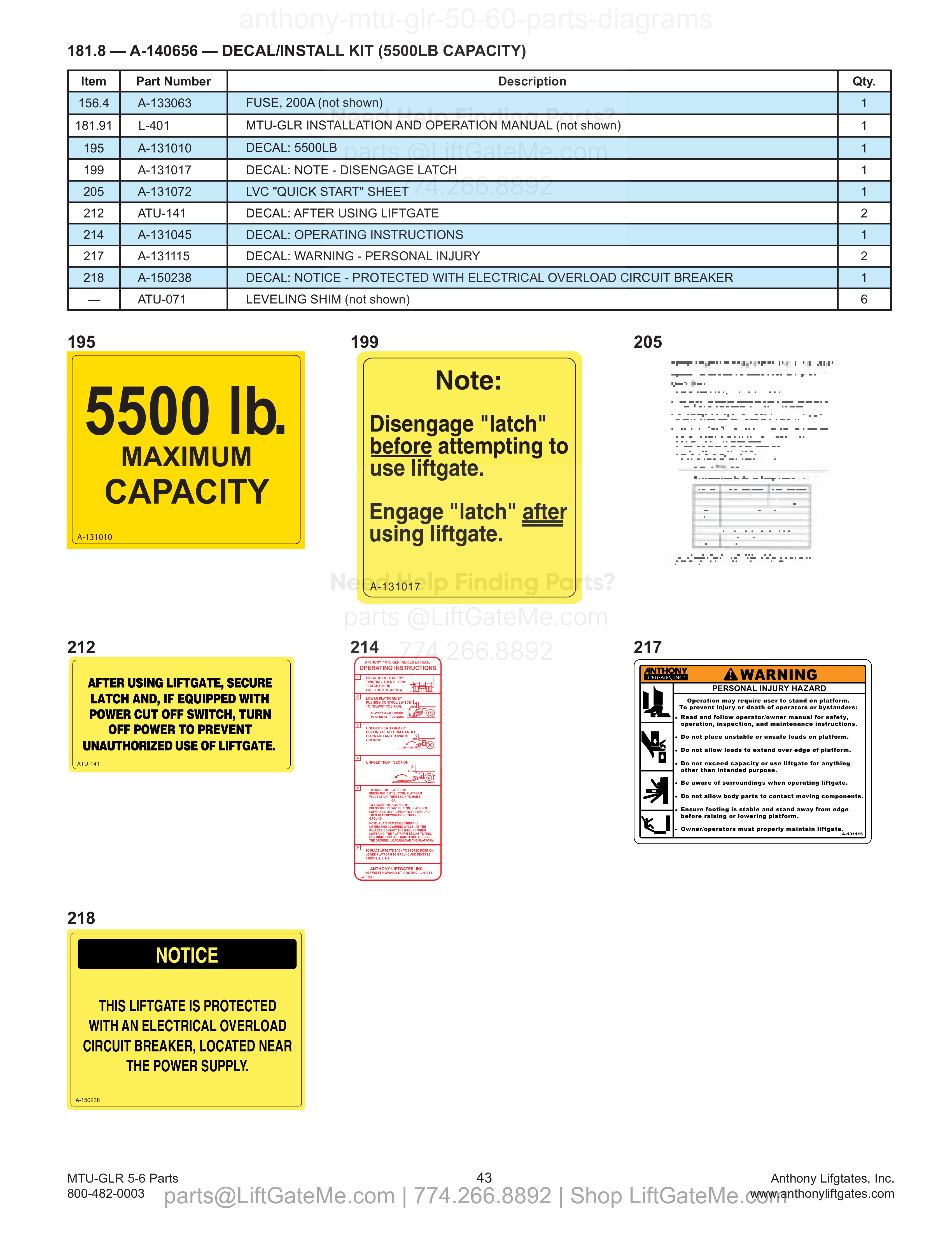 181.8 — A-140656 — DECAL/INSTALL KIT (5500LB CAPACITY) diagram