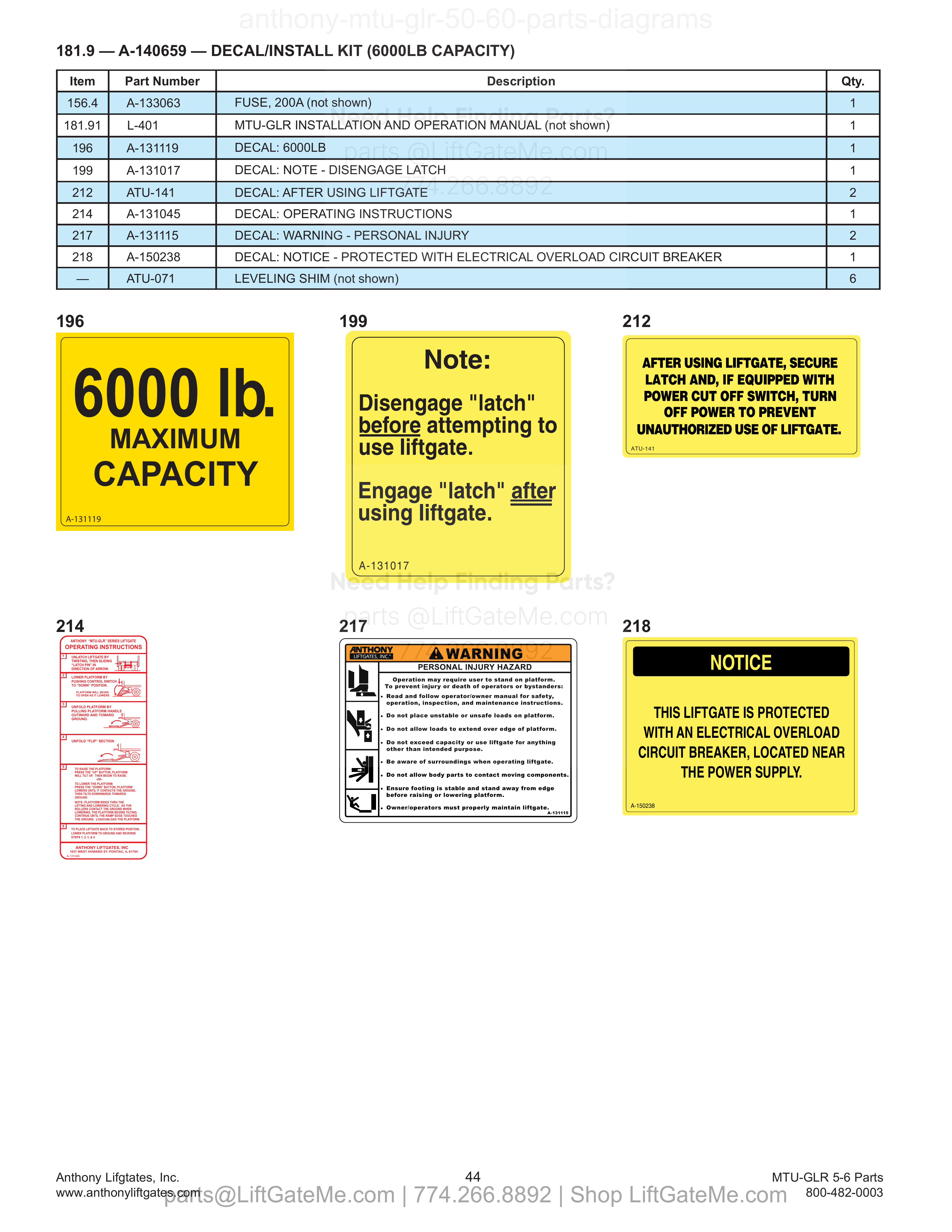 181.9 — A-140659 — DECAL/INSTALL KIT (6000LB CAPACITY) diagram