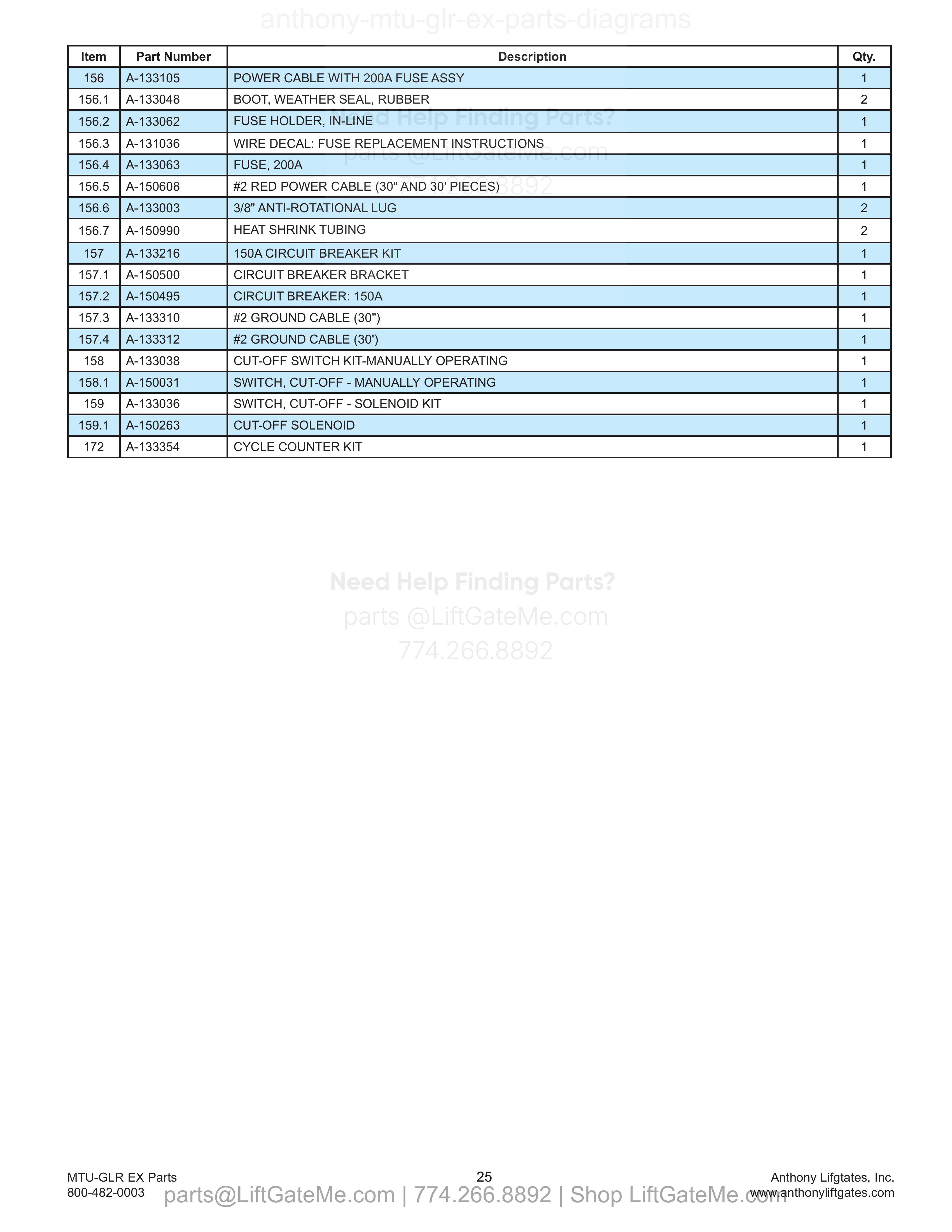 11. Fuse Assembly and Miscellaneous Accessories parts table