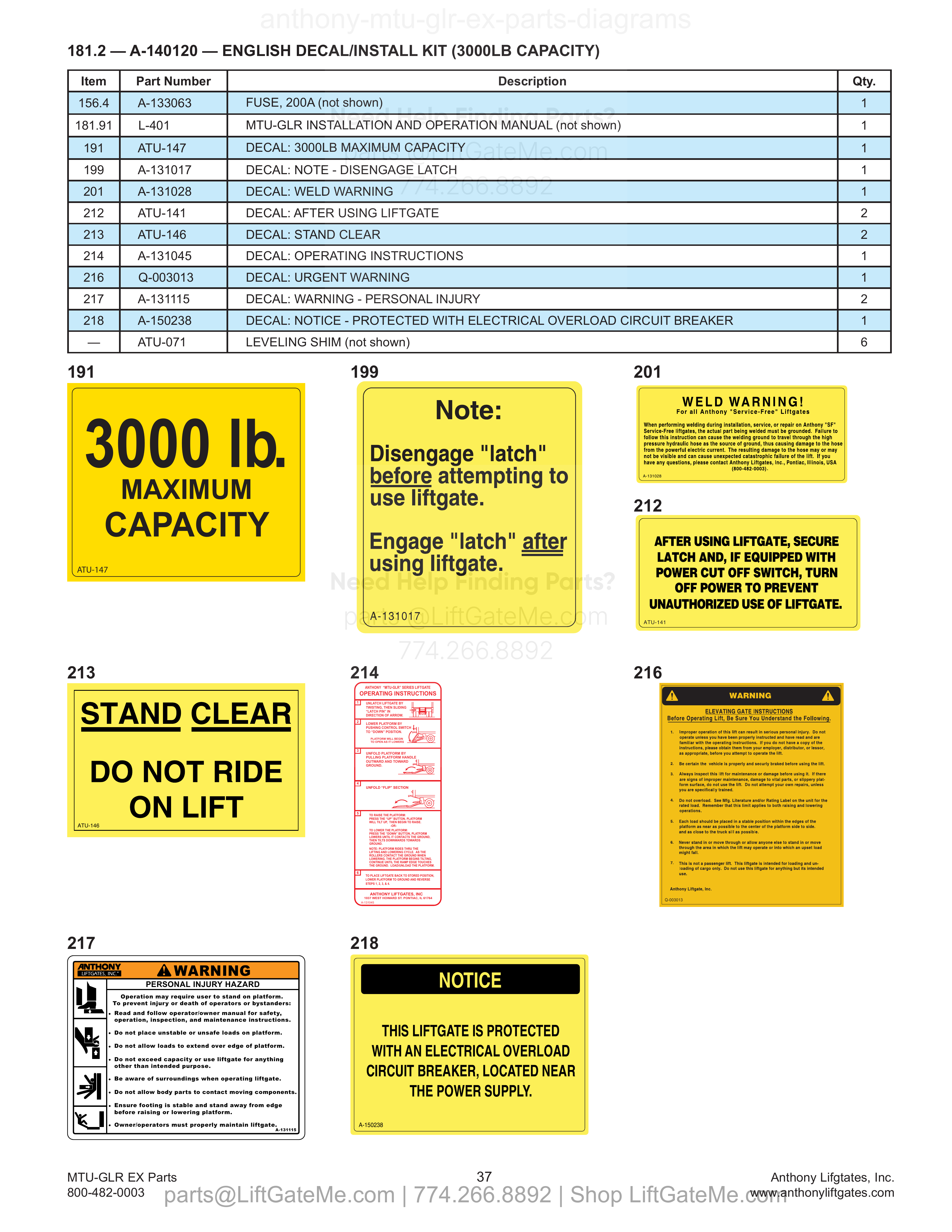 181.2 — A-140120 — ENGLISH DECAL/INSTALL KIT (3000LB CAPACITY) diagram