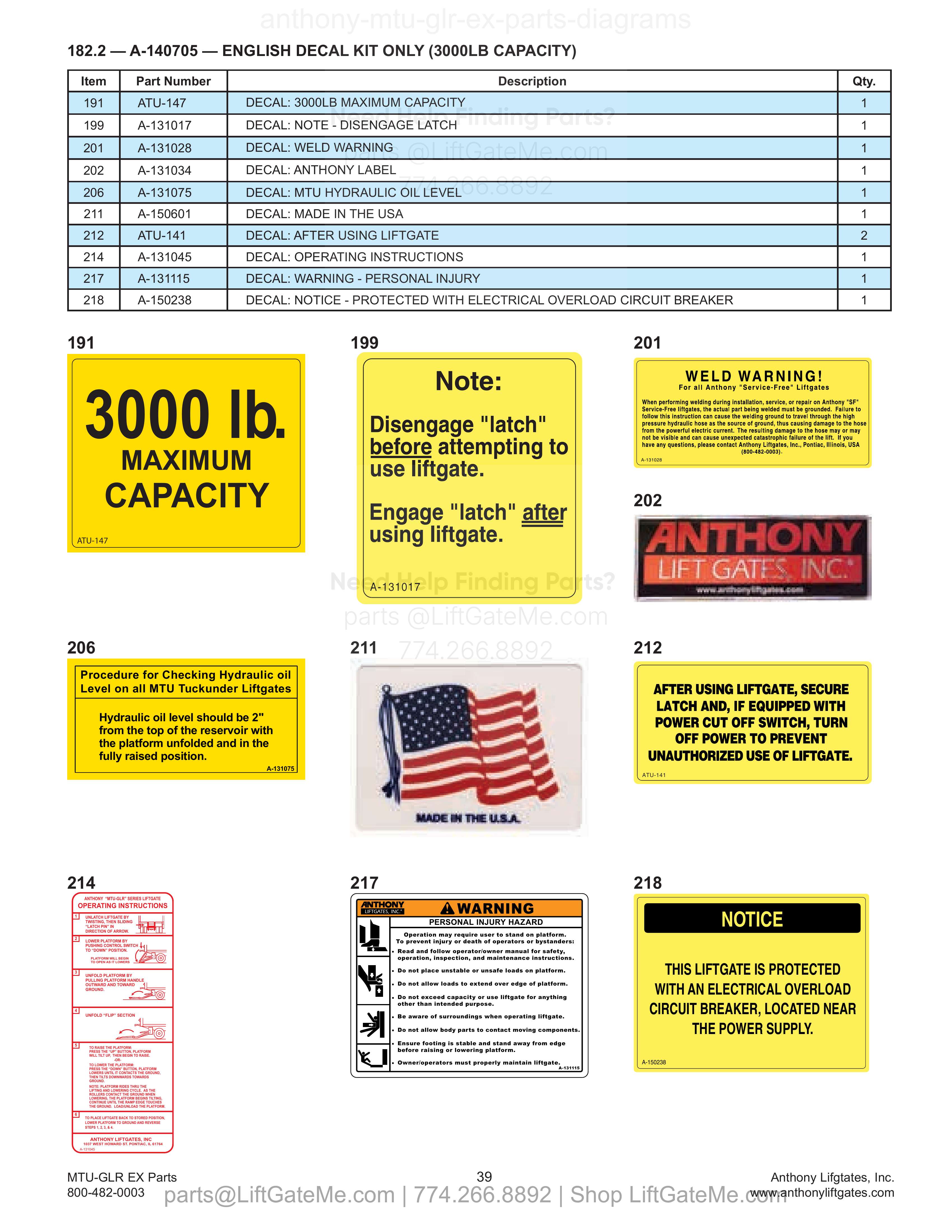 182.2 — A-140705 — ENGLISH DECAL KIT ONLY (3000LB CAPACITY) diagram
