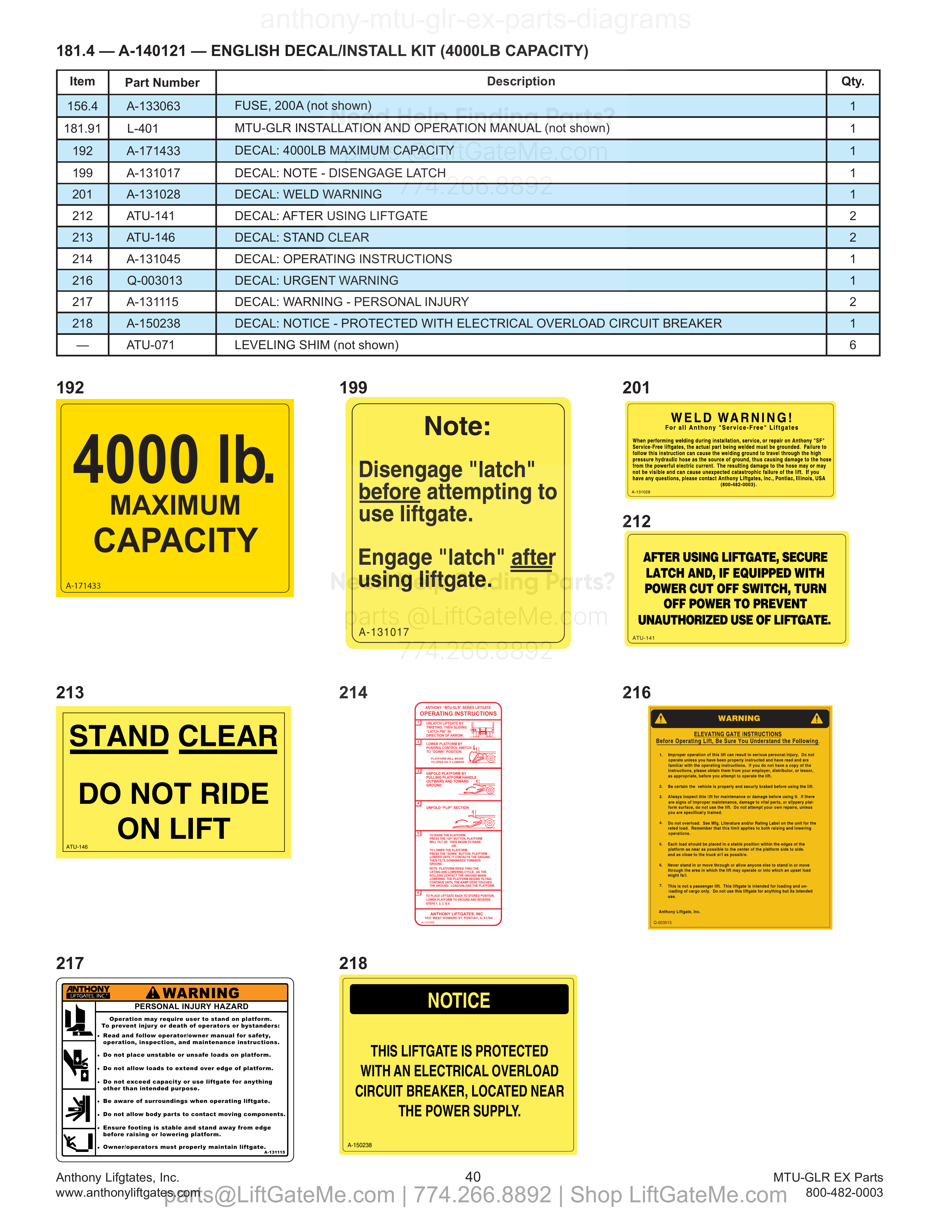 181.4 — A-140121 — ENGLISH DECAL/INSTALL KIT (4000LB CAPACITY) diagram