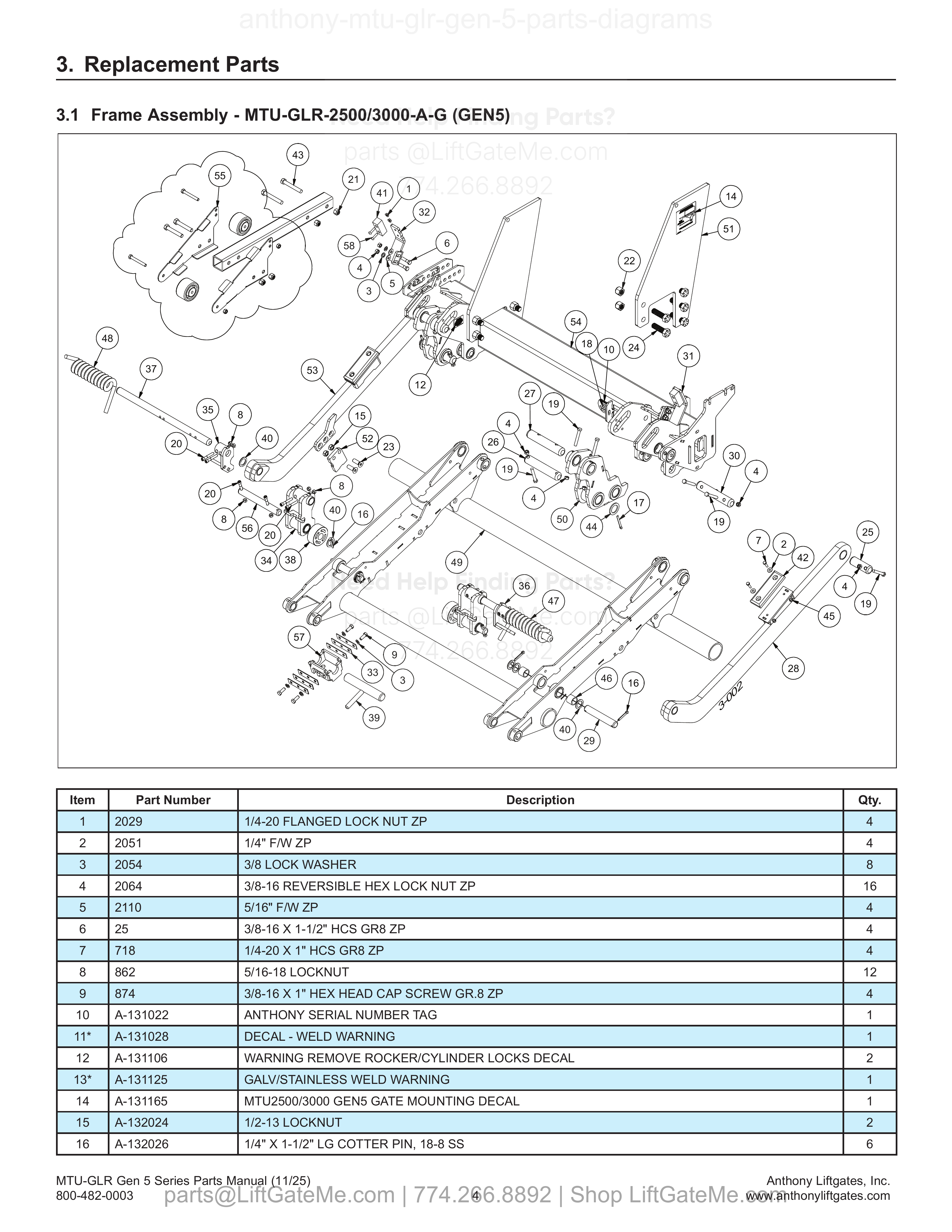 3.1 Frame Assembly - MTU-GLR-2500/3000-A-G (GEN5) diagram