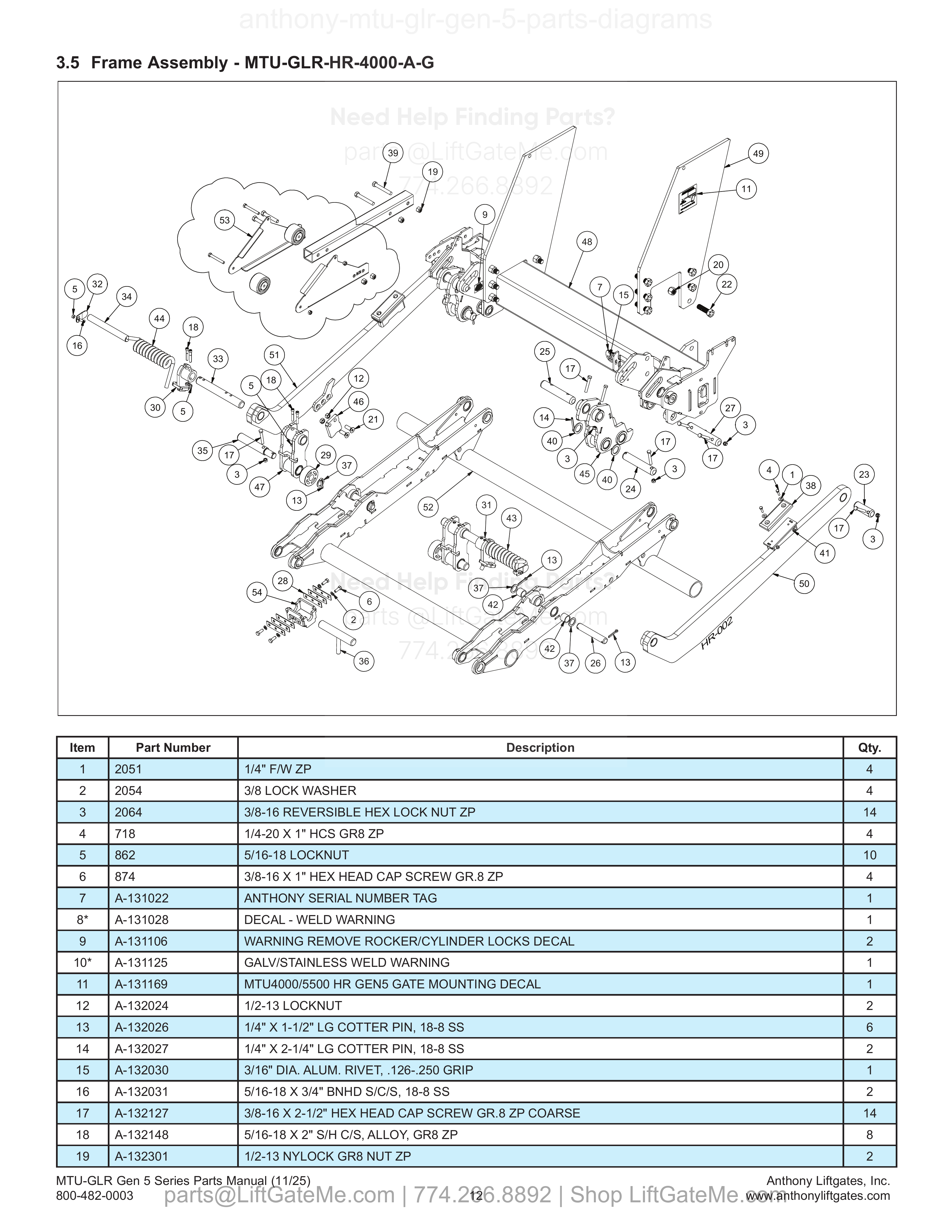 3.5 Frame Assembly - MTU-GLR-HR-4000-A-G diagram