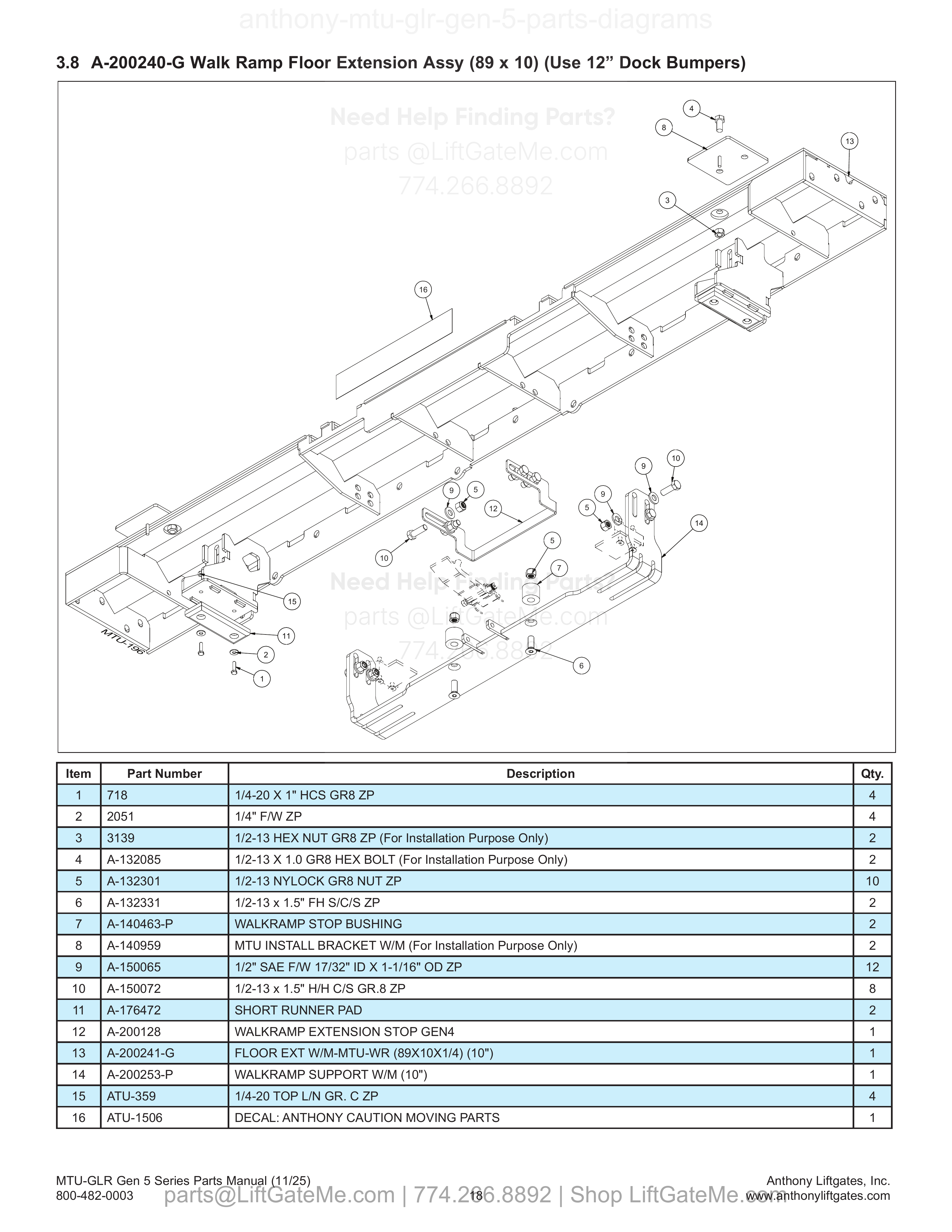 3.8 A-200240-G Walk Ramp Floor Extension Assy (89 x 10) (Use 12” Dock Bumpers) diagram