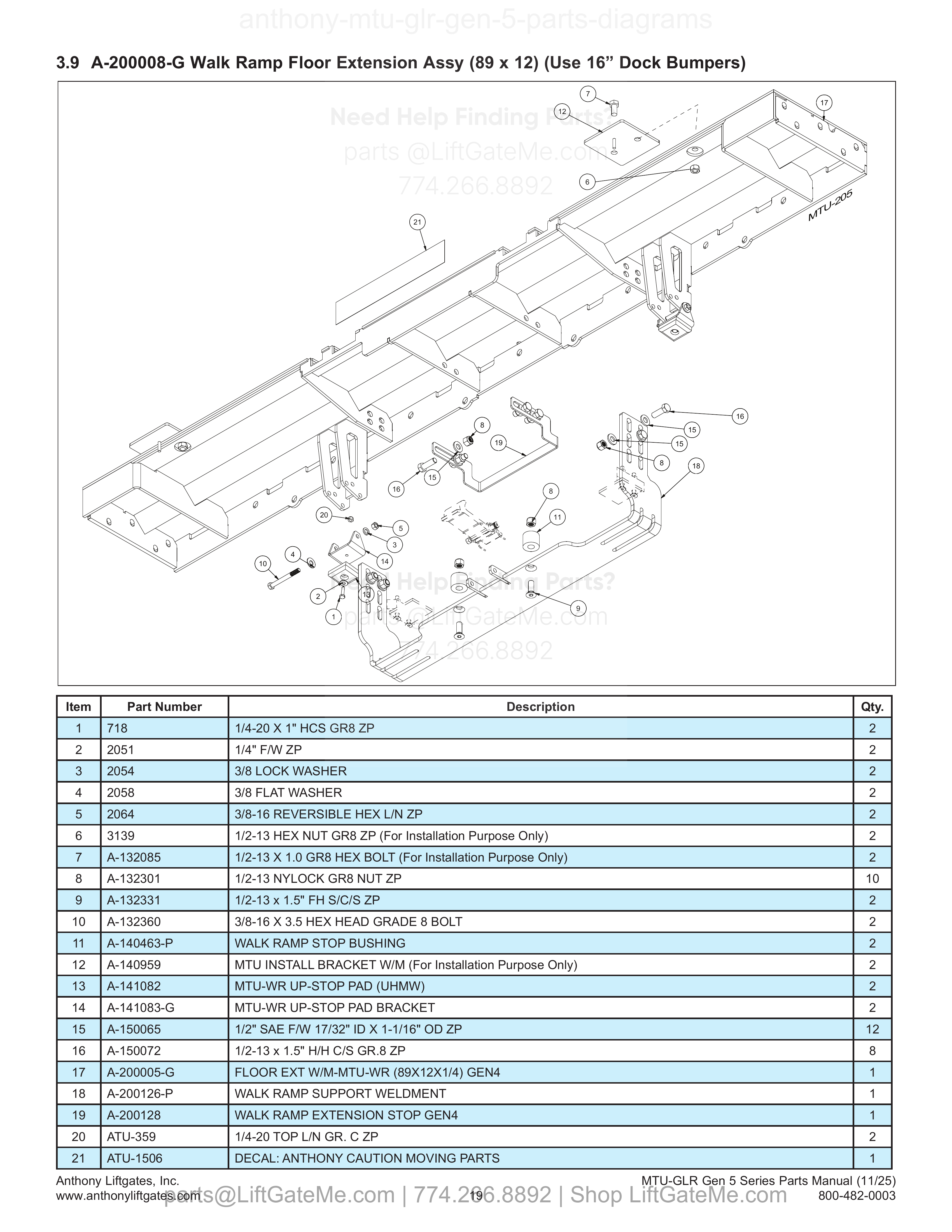 3.9 A-200008-G Walk Ramp Floor Extension Assy (89 x 12) (Use 16” Dock Bumpers) diagram