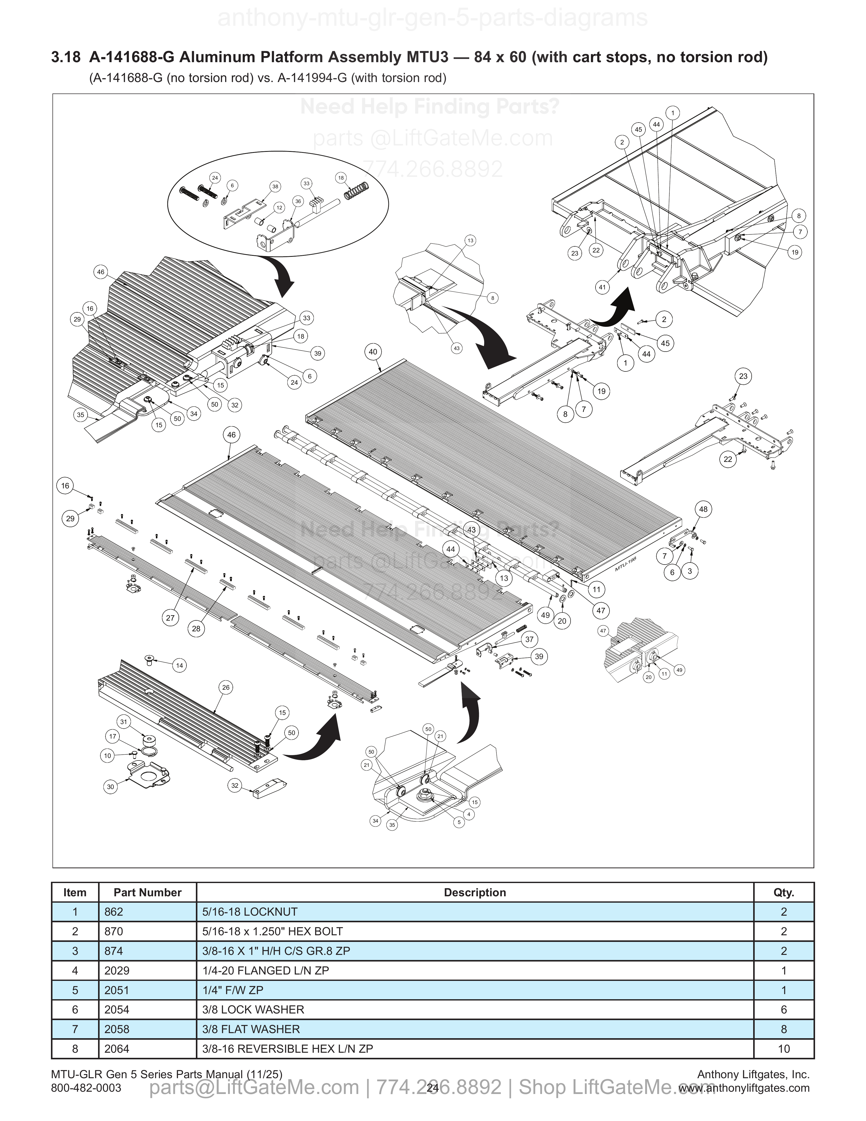 3.18 A-141688-G Aluminum Platform Assembly MTU3 — 84 x 60 (with cart stops, no torsion rod) diagram