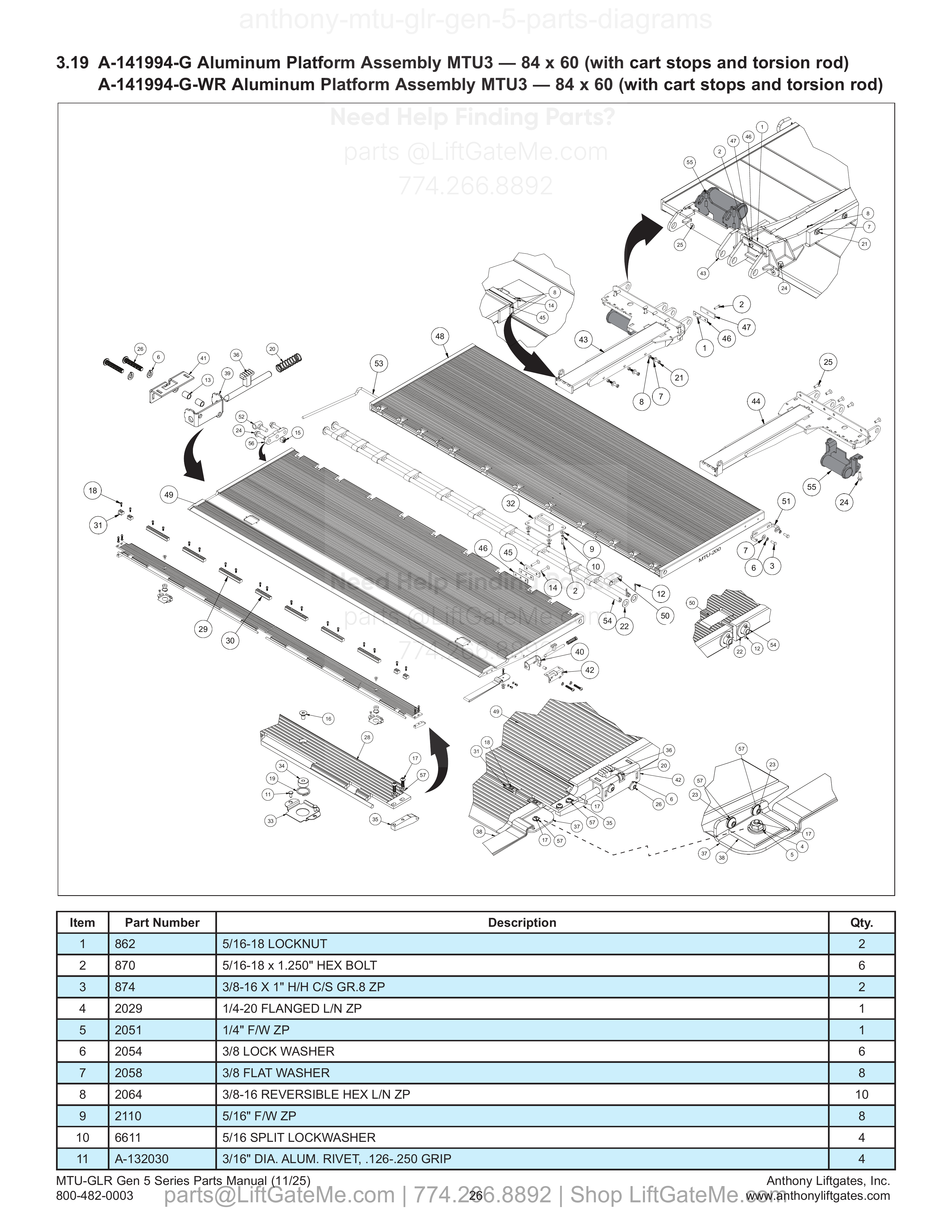 3.19 A-141994-G Aluminum Platform Assembly MTU3 — 84 x 60 (with cart stops and torsion rod) A-141994-G-WR Aluminum Platform Assembly MTU3 — 84 x 60 (with cart stops and torsion rod) diagram