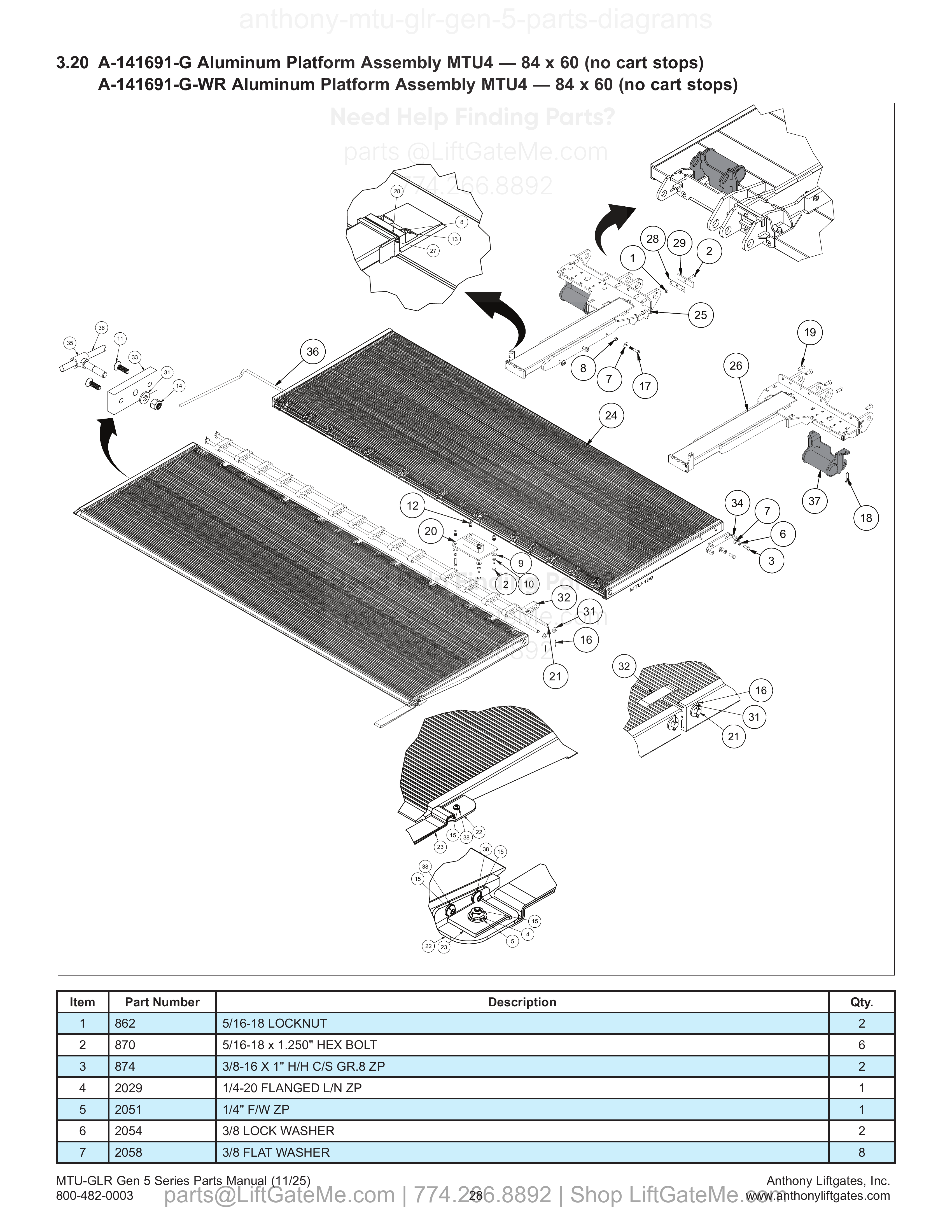 3.20 A-141691-G Aluminum Platform Assembly MTU4 — 84 x 60 (no cart stops) A-141691-G-WR Aluminum Platform Assembly MTU4 — 84 x 60 (no cart stops) diagram