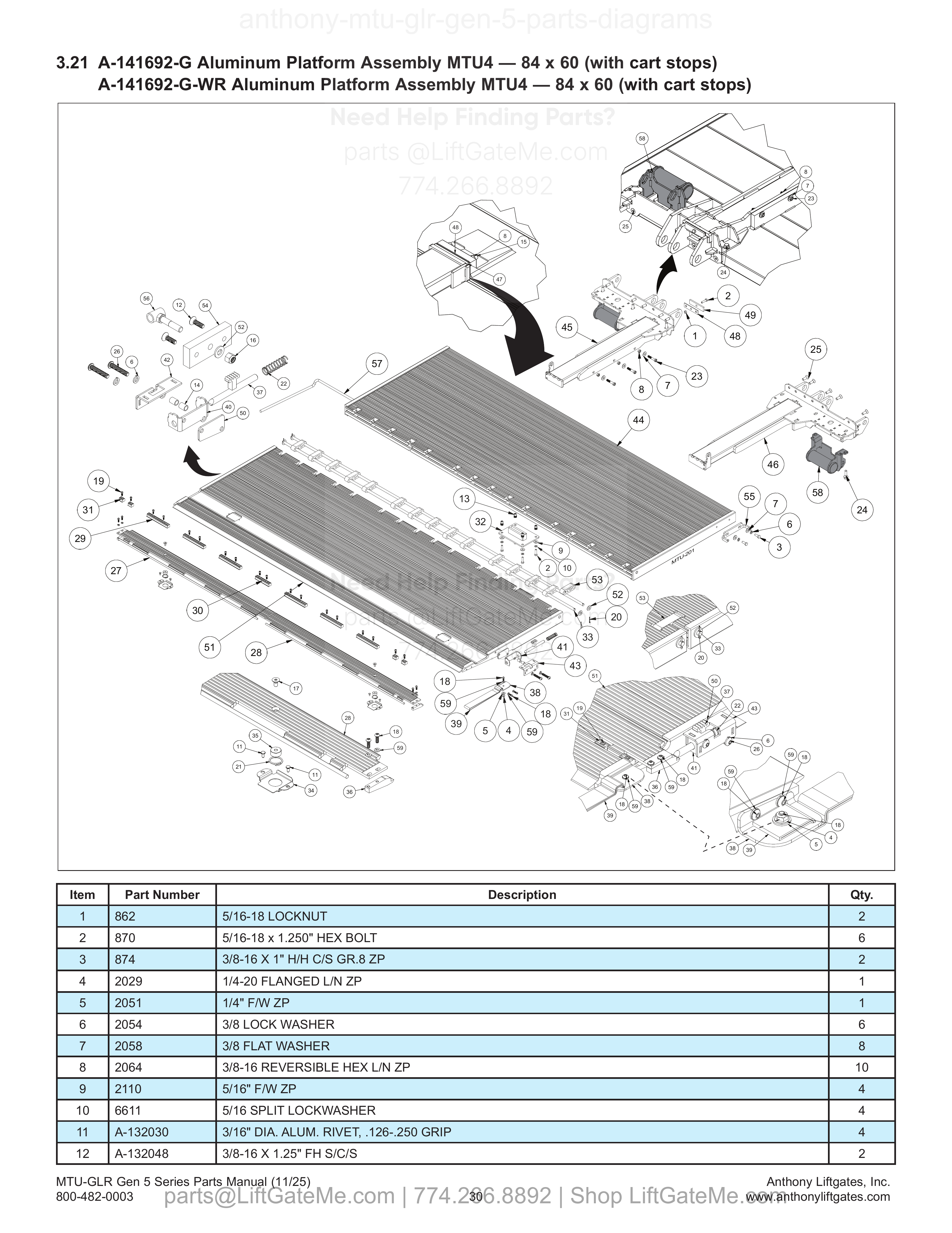 3.21 A-141692-G Aluminum Platform Assembly MTU4 — 84 x 60 (with cart stops) A-141692-G-WR Aluminum Platform Assembly MTU4 — 84 x 60 (with cart stops) diagram