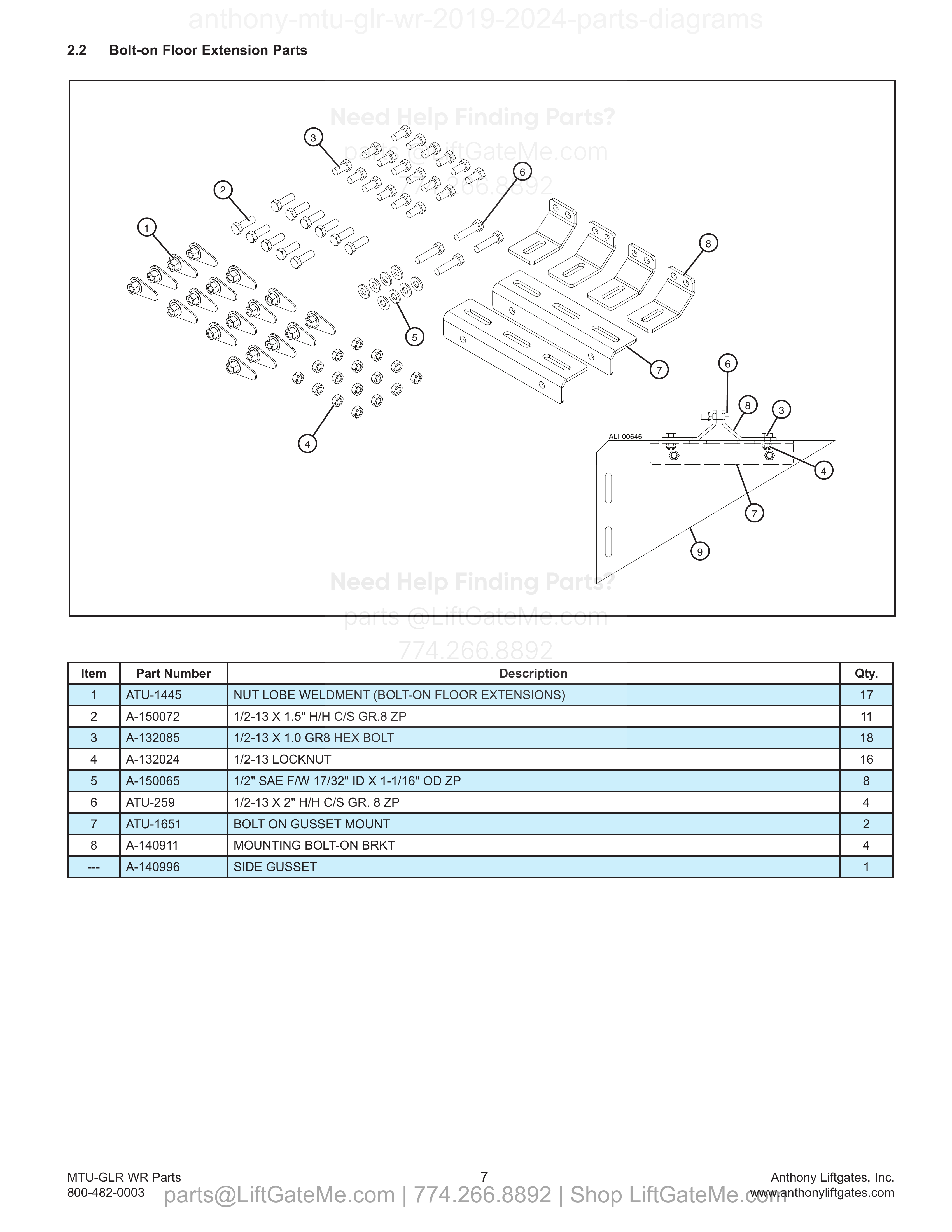 2.2 Bolt-on Floor Extension Parts diagram