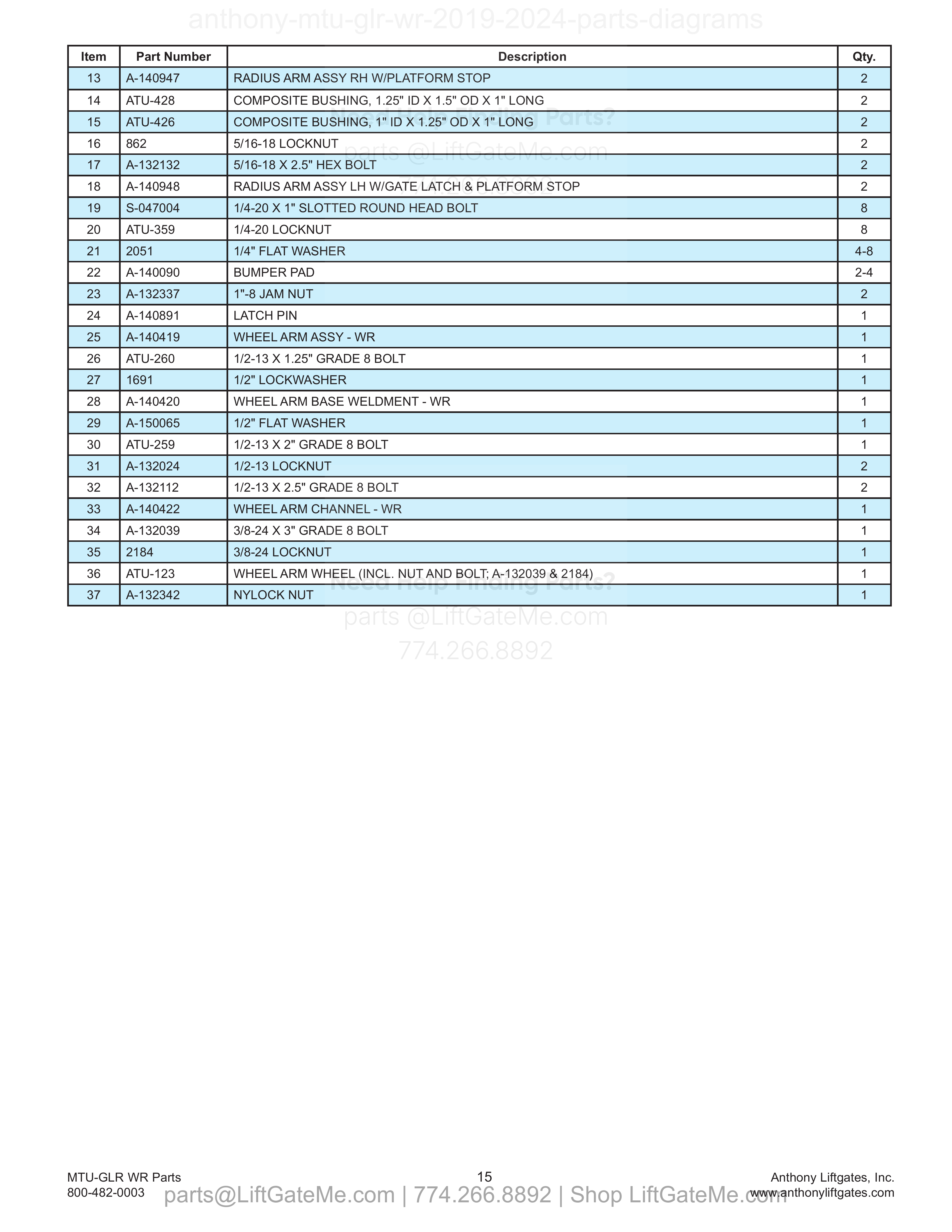 6. Frame Mounting Assembly parts table