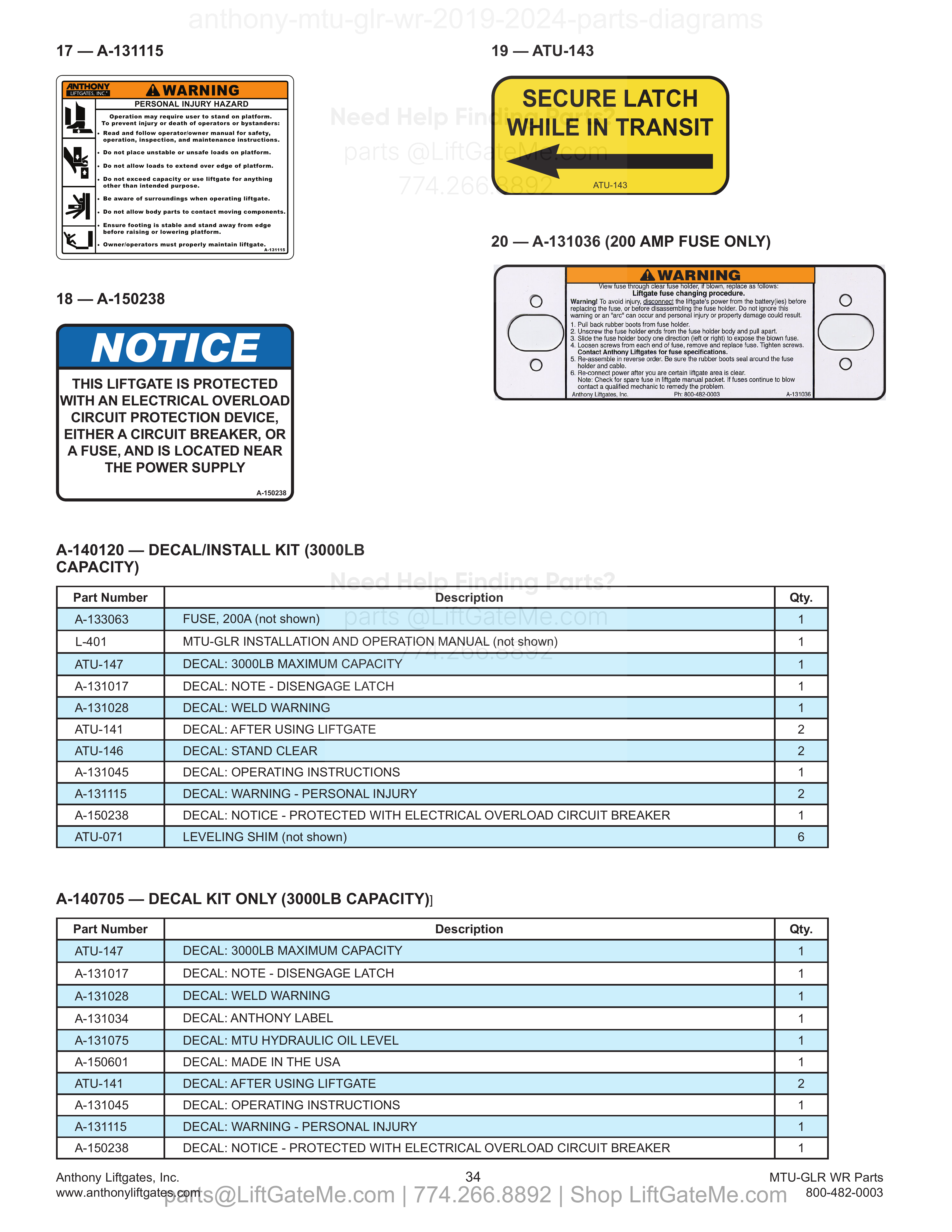 A-140120 — DECAL/INSTALL KIT (3000LB CAPACITY) diagram