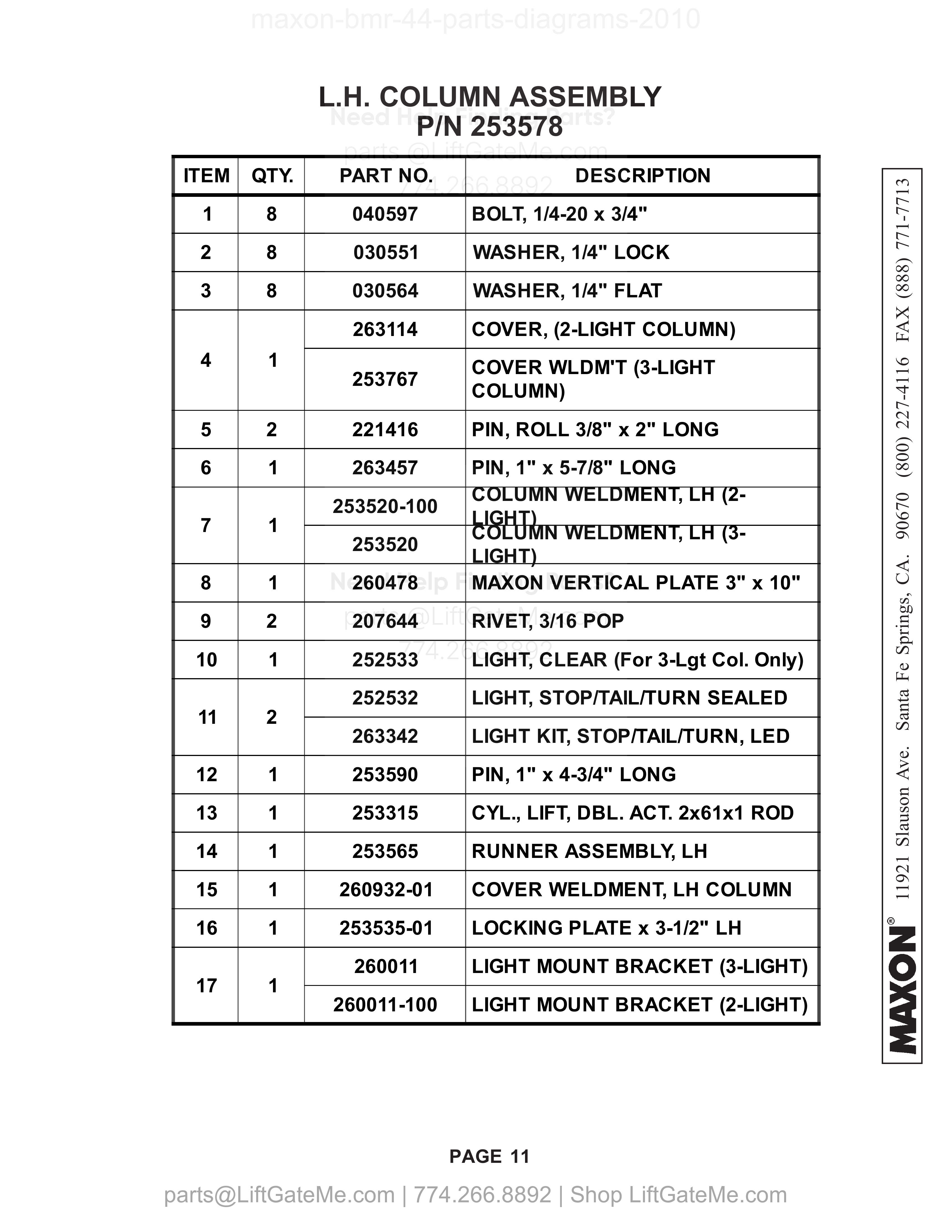 L.H. COLUMN ASSEMBLY parts table
