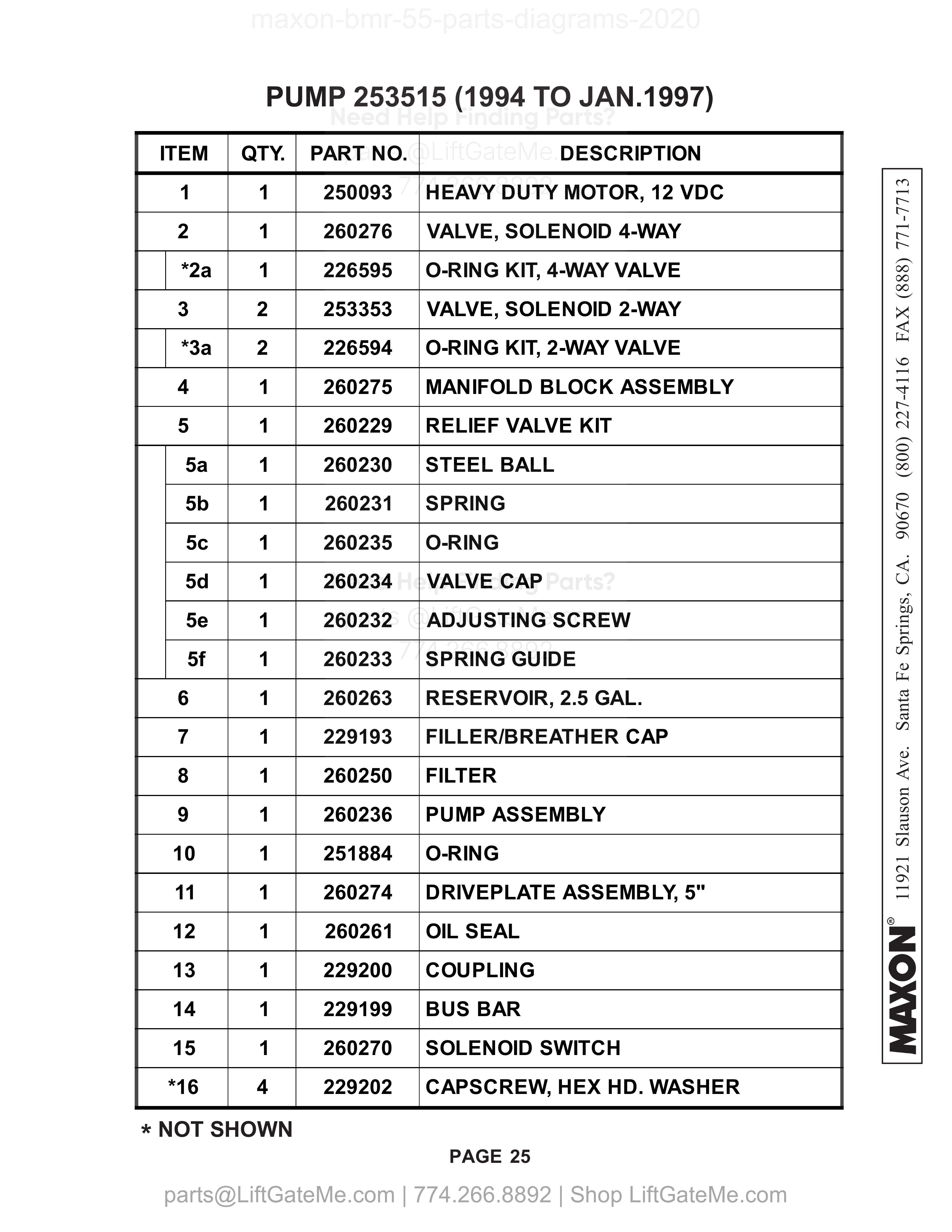 PUMP 253515 (1994 TO JAN.1997) parts table