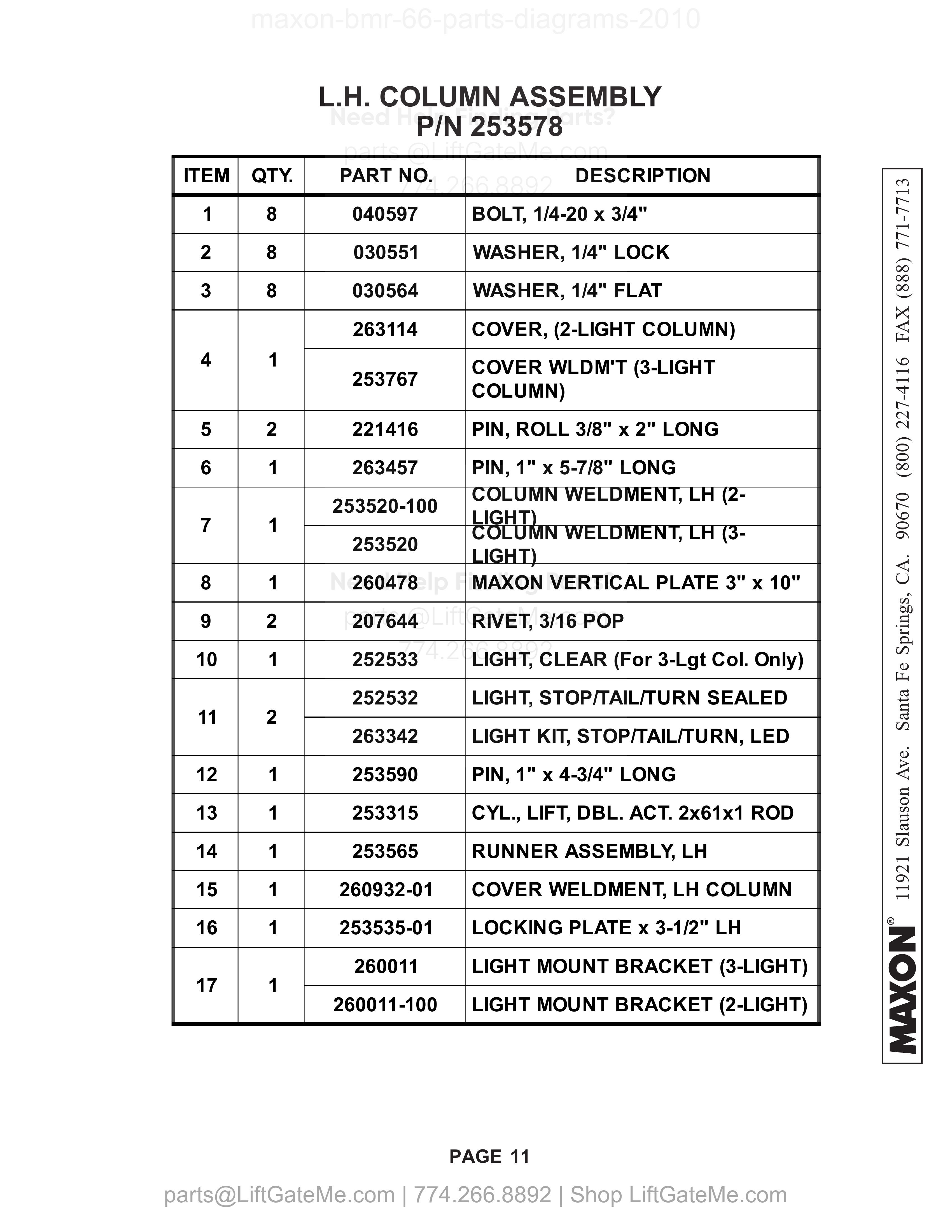 L.H. COLUMN ASSEMBLY parts table