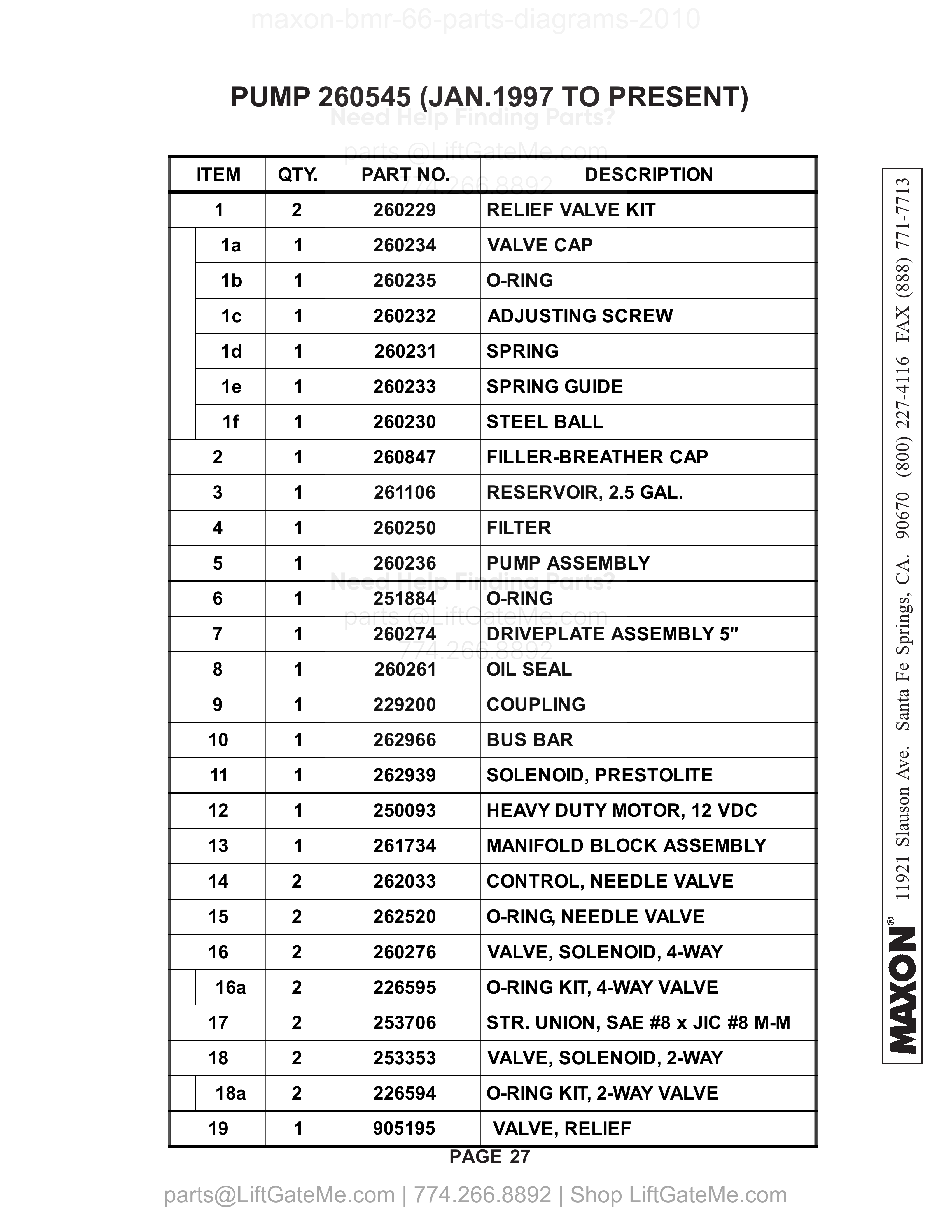 PUMP 260545 (JAN.1997 TO PRESENT) parts table