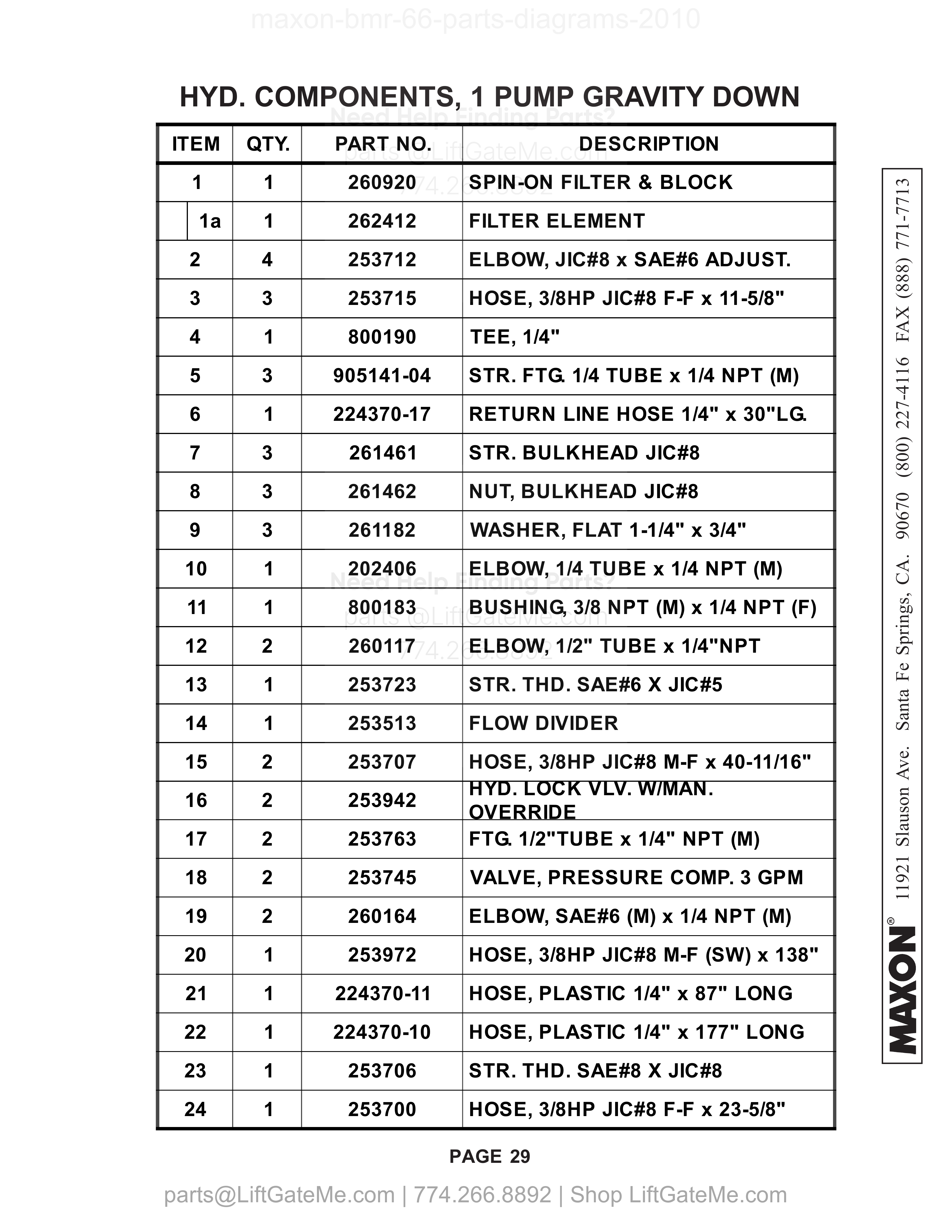 HYD. COMPONENTS, 1 PUMP GRAVITY DOWN parts table