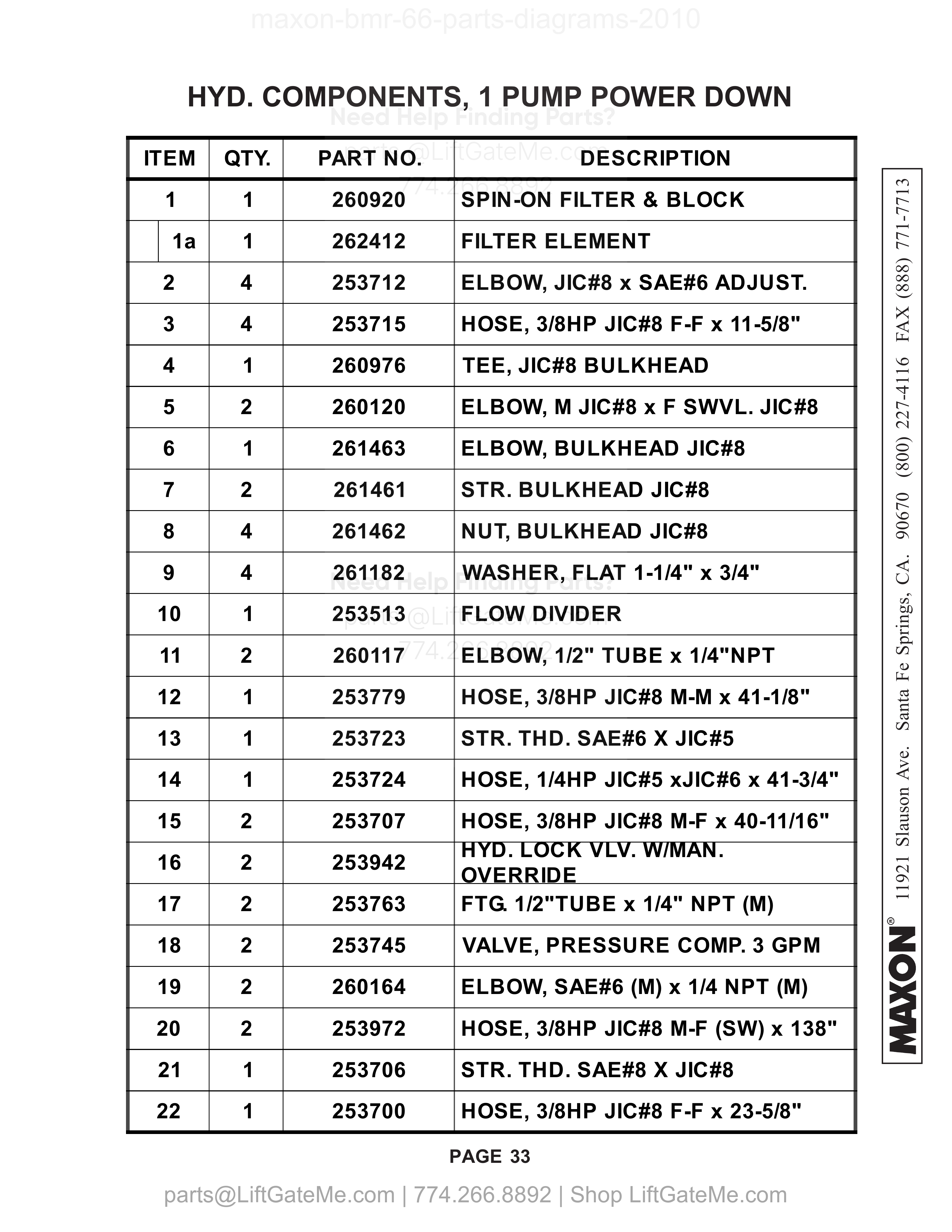HYD. COMPONENTS, 1 PUMP POWER DOWN parts table