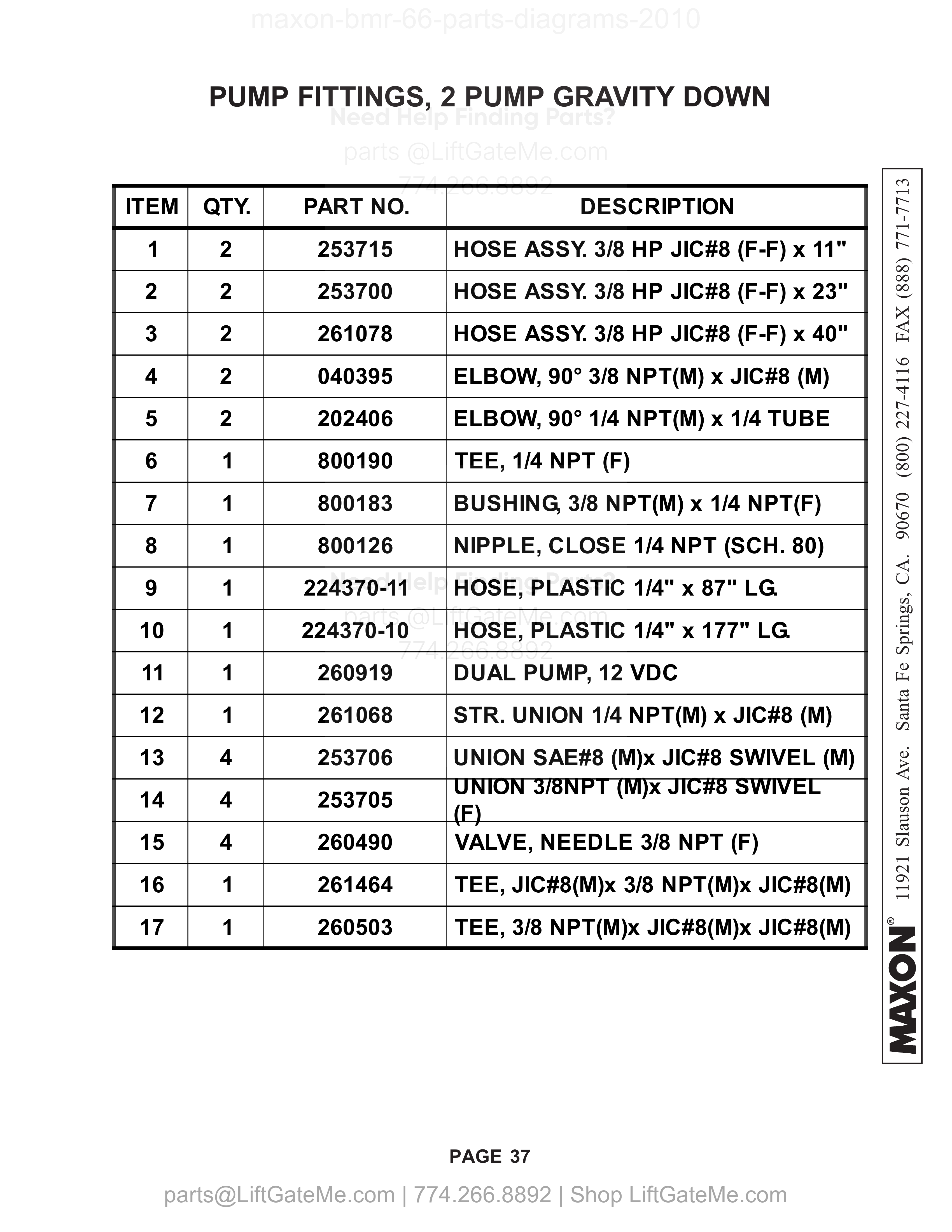 PUMP FITTINGS, 2 PUMP GRAVITY DOWN parts table