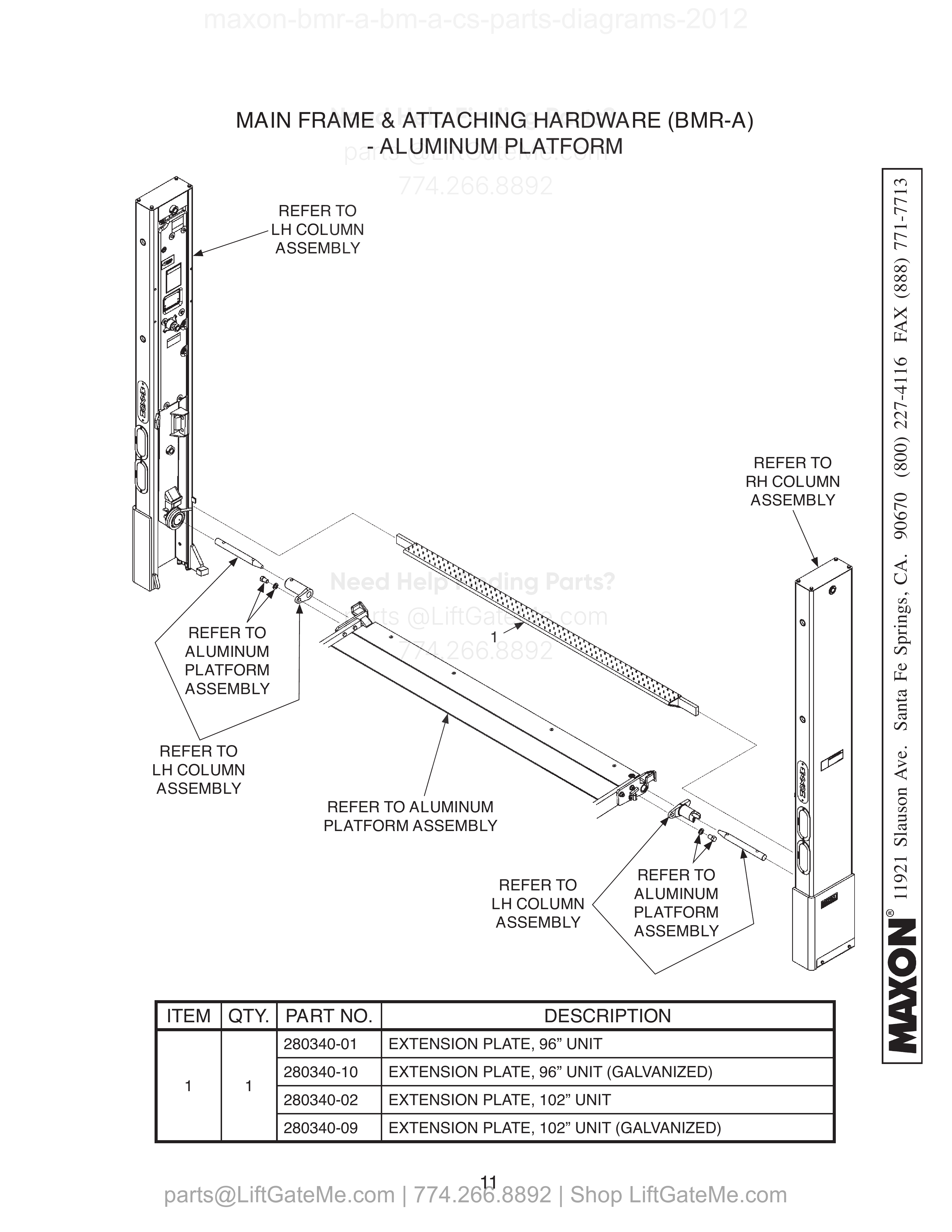 MAIN FRAME & ATTACHING HARDWARE (BMR-A) - ALUMINUM PLATFORM diagram