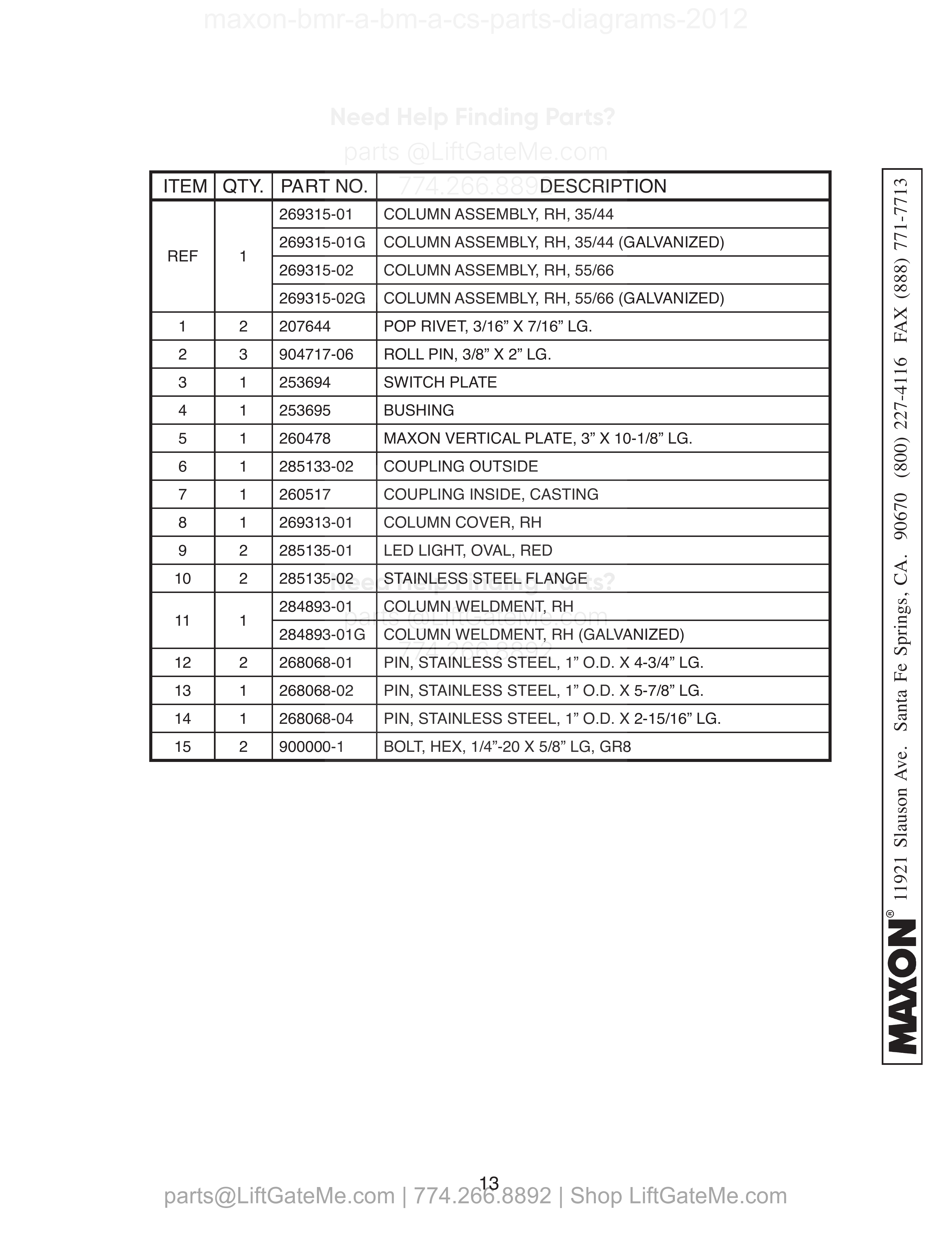 RH COLUMN ASSEMBLY parts table
