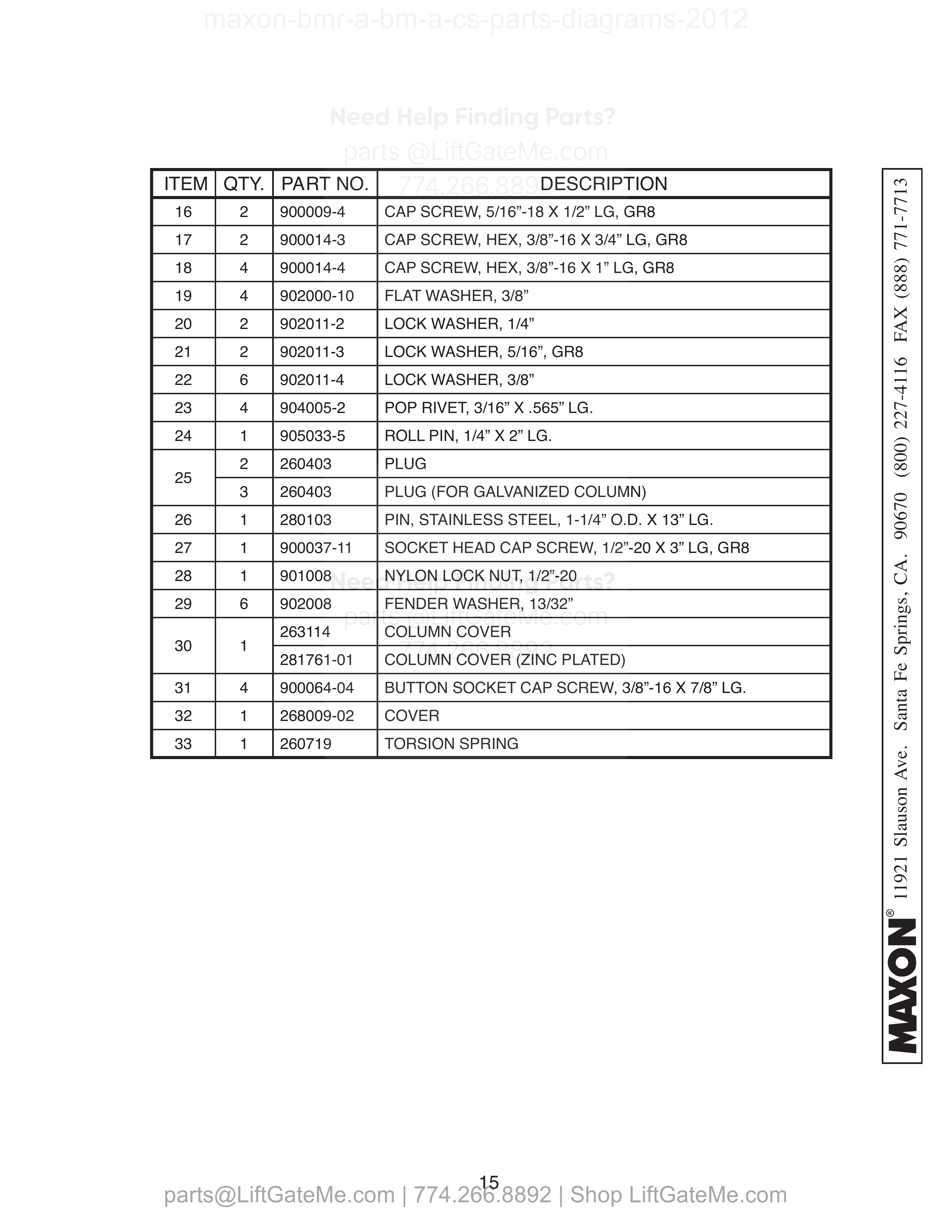RH COLUMN ASSEMBLY - Continued parts table