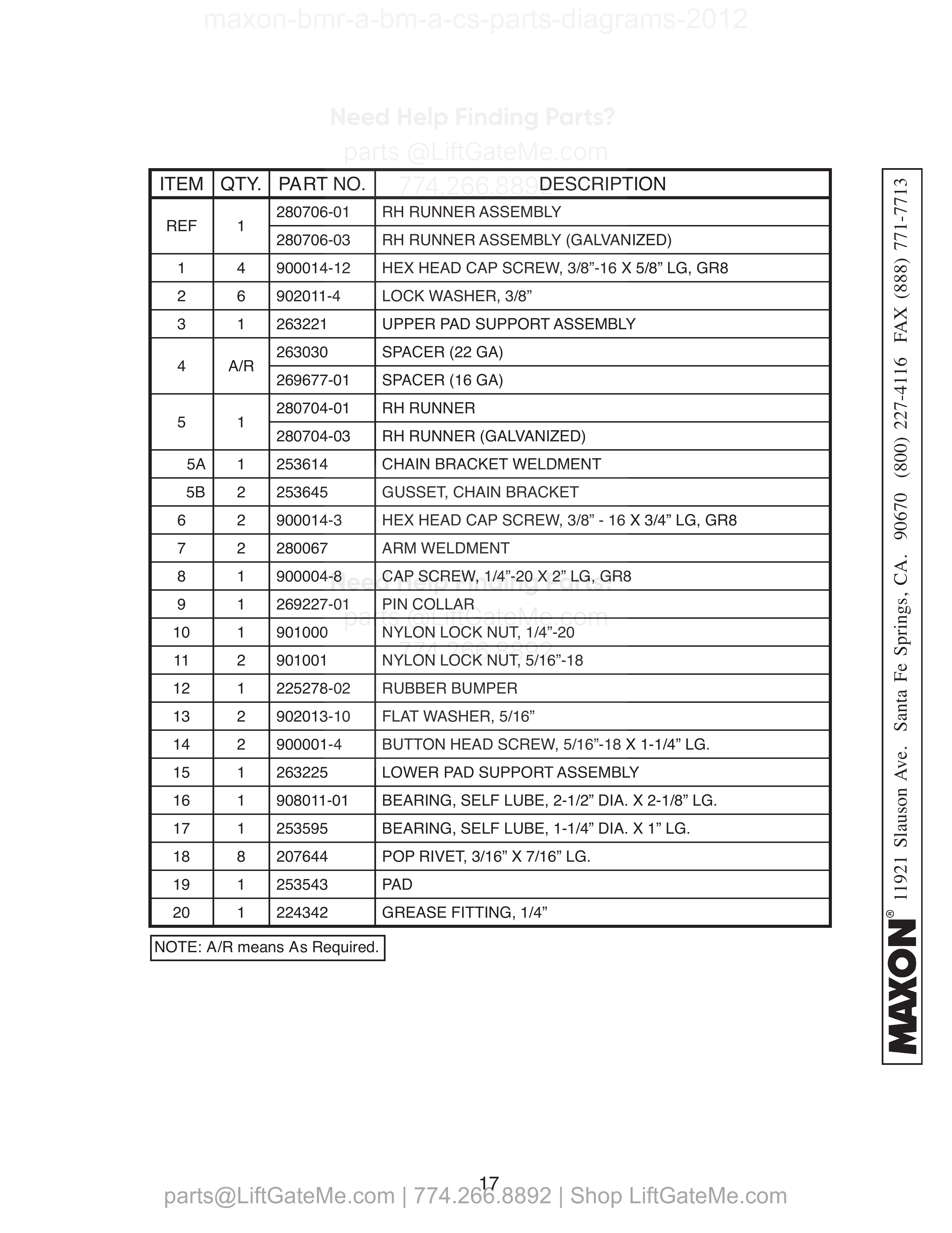 RH RUNNER ASSEMBLY (BMR-A) parts table