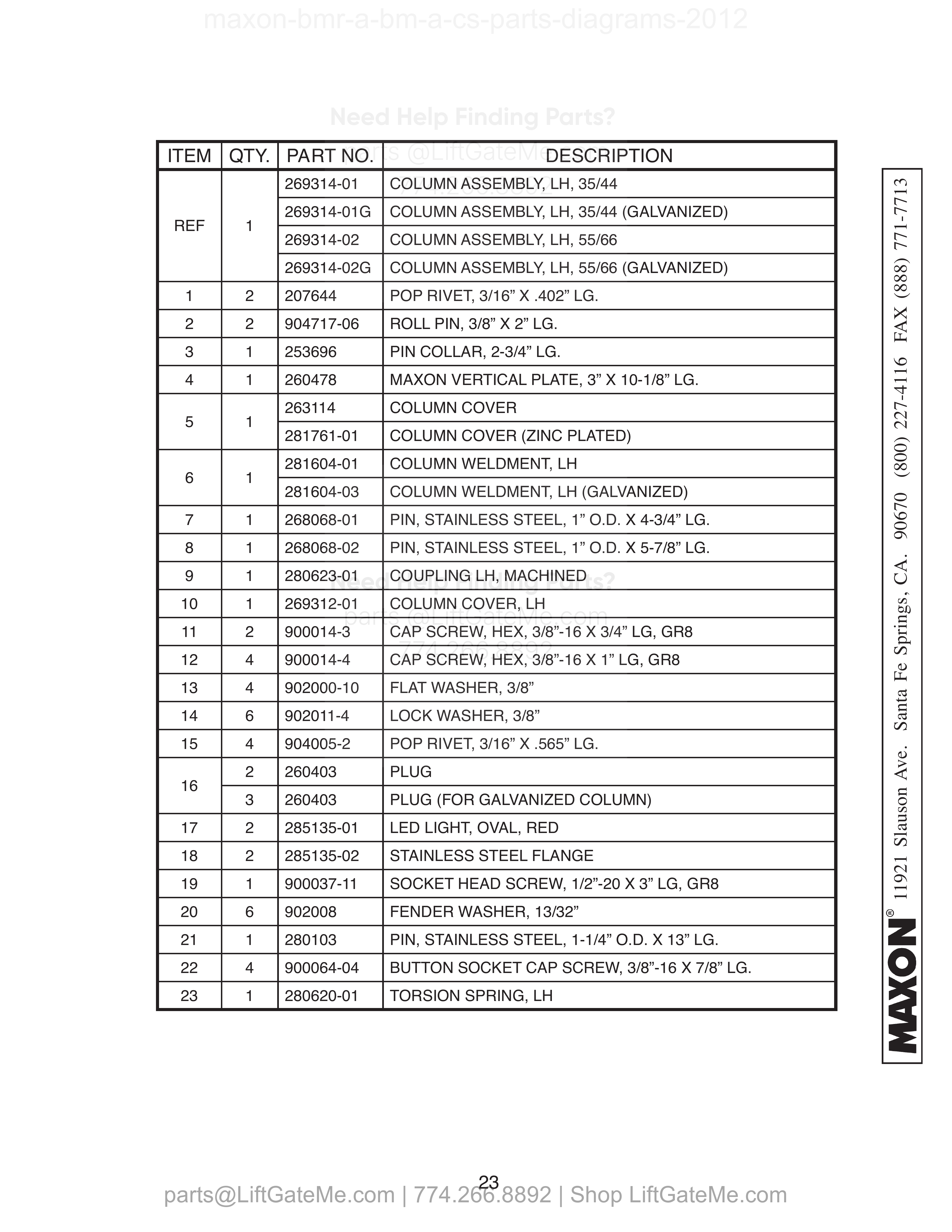LH COLUMN ASSEMBLY parts table