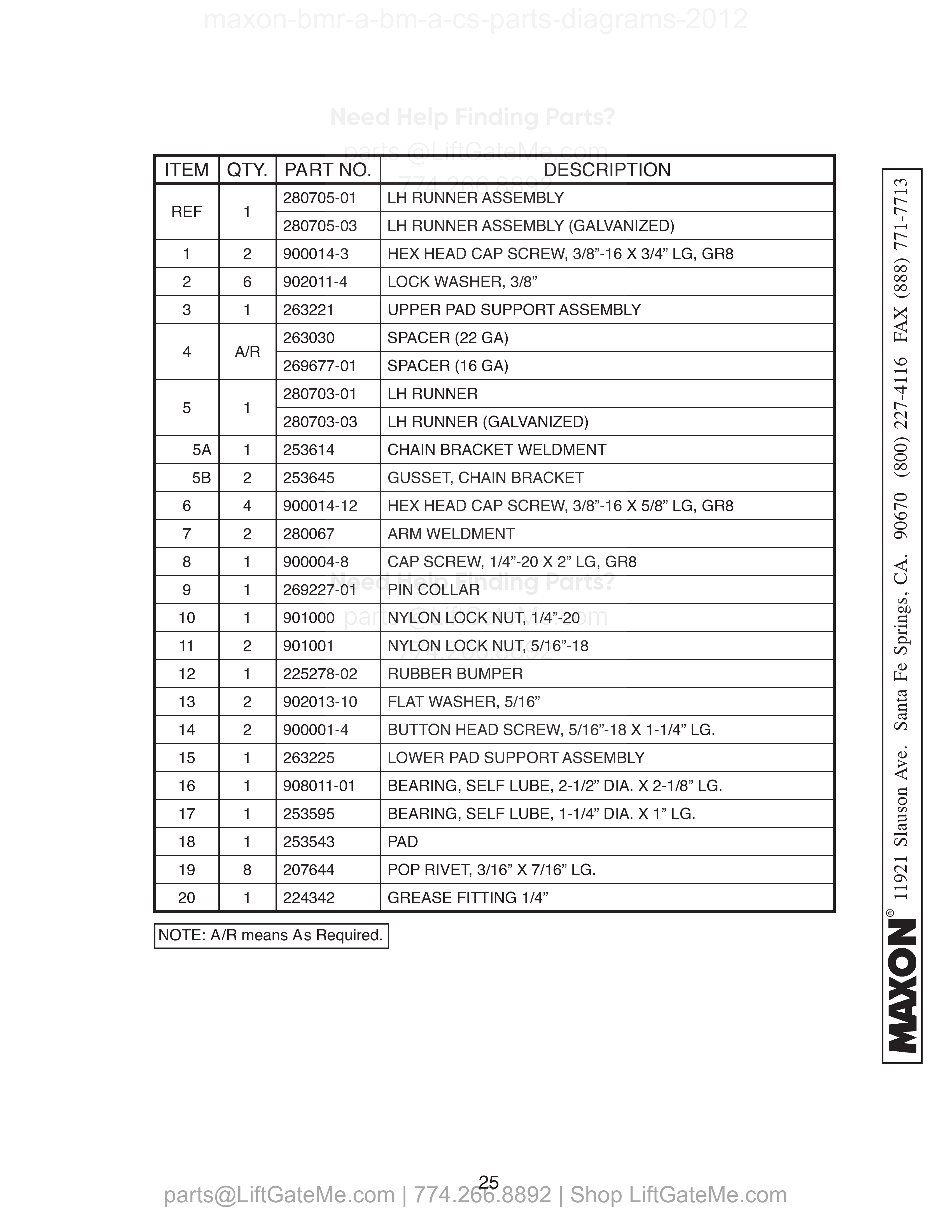 LH RUNNER ASSEMBLY (BMR-A) parts table
