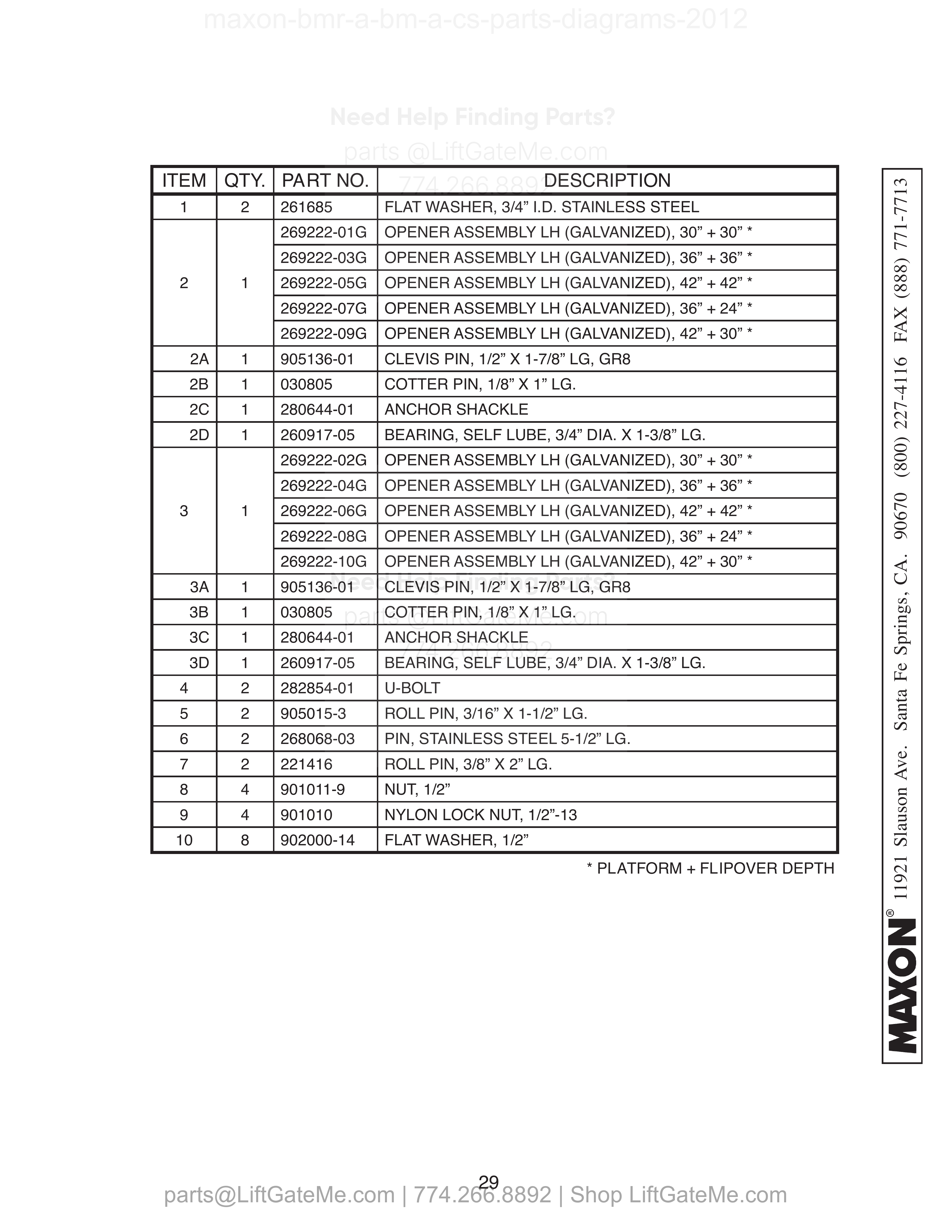 PLATFORM, FLIPOVER, AND CHAIN ASSEMBLY - 1 (STEEL) parts table