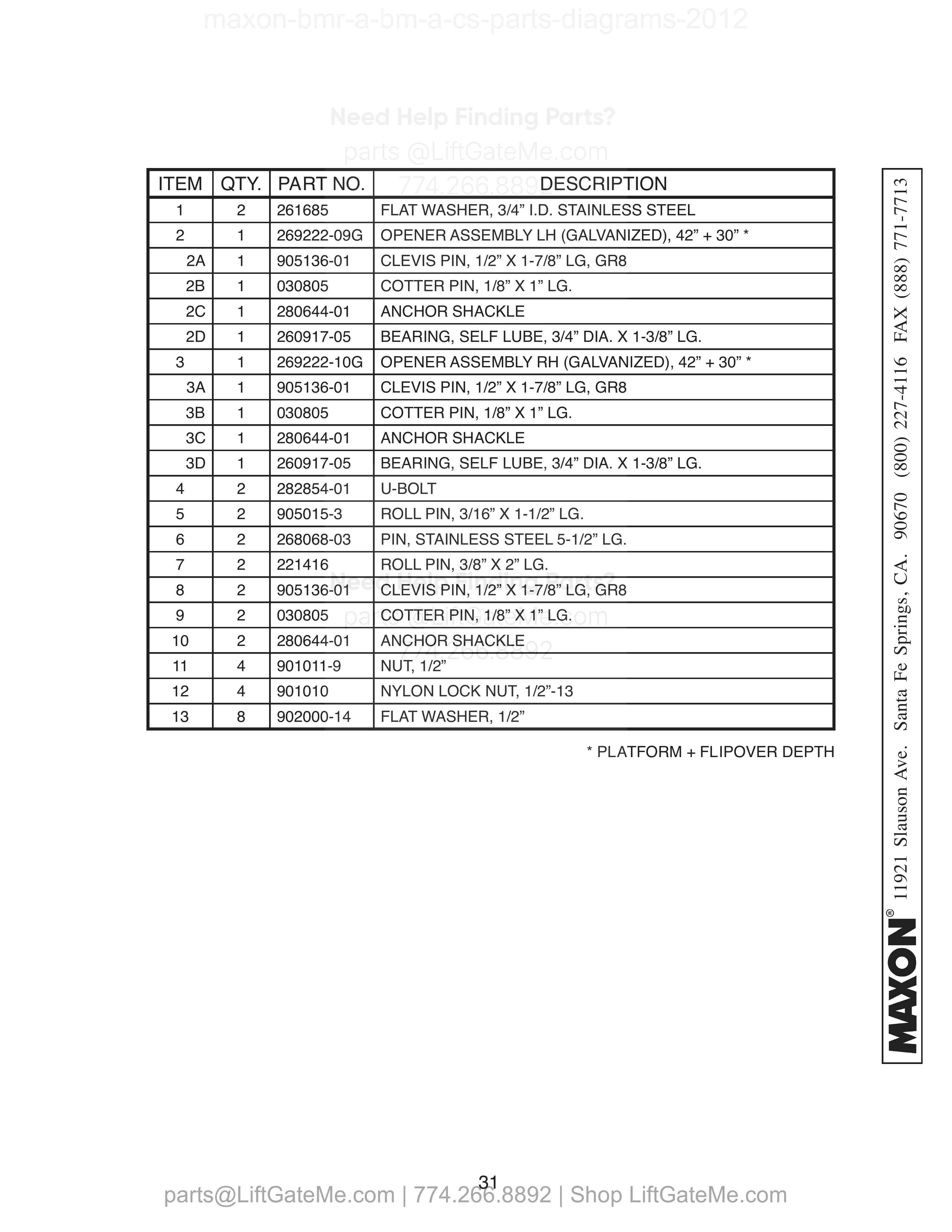 PLATFORM, FLIPOVER, AND CHAIN ASSEMBLY - 2 (STEEL) parts table