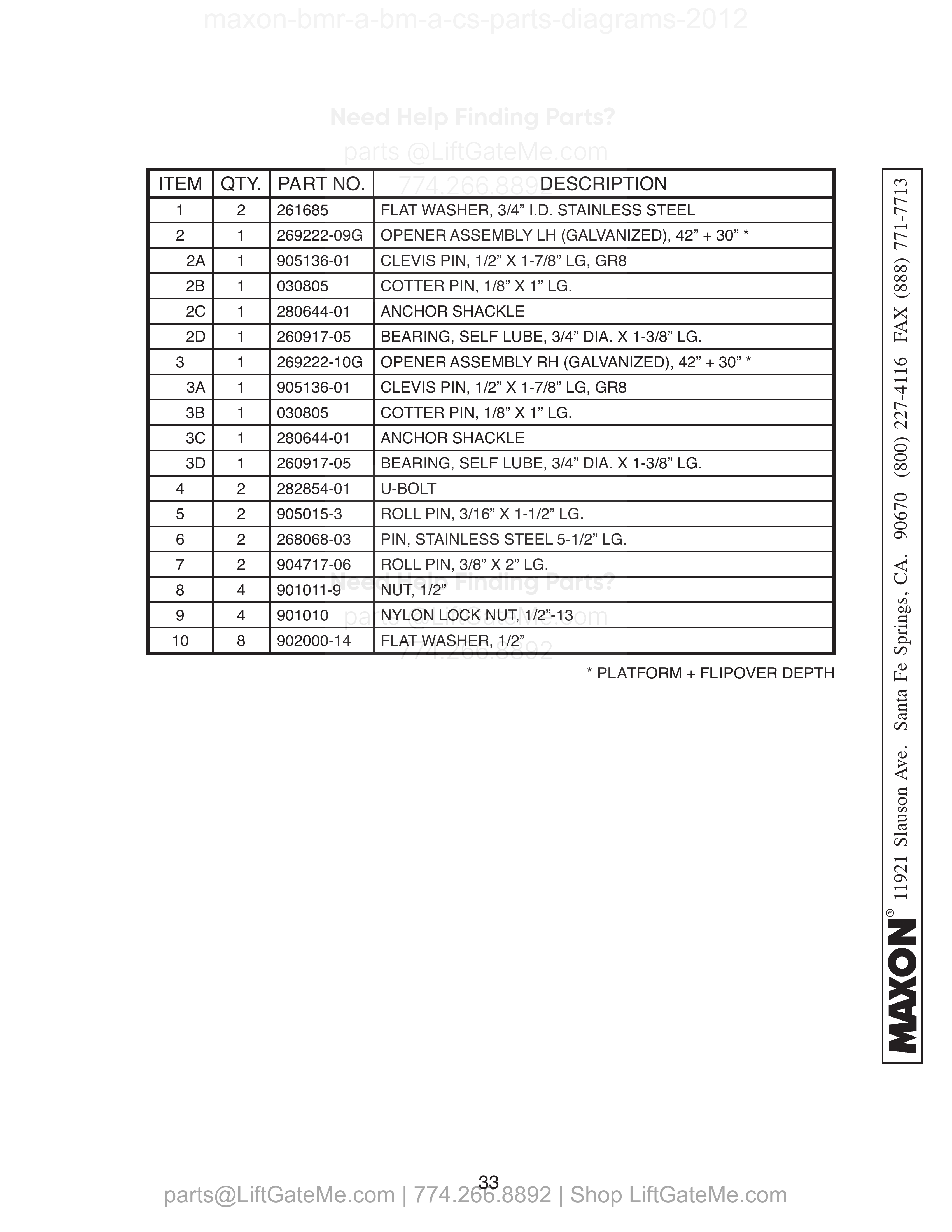 PLATFORM, FLIPOVER, AND CHAIN ASSEMBLY - 3 (STEEL) parts table
