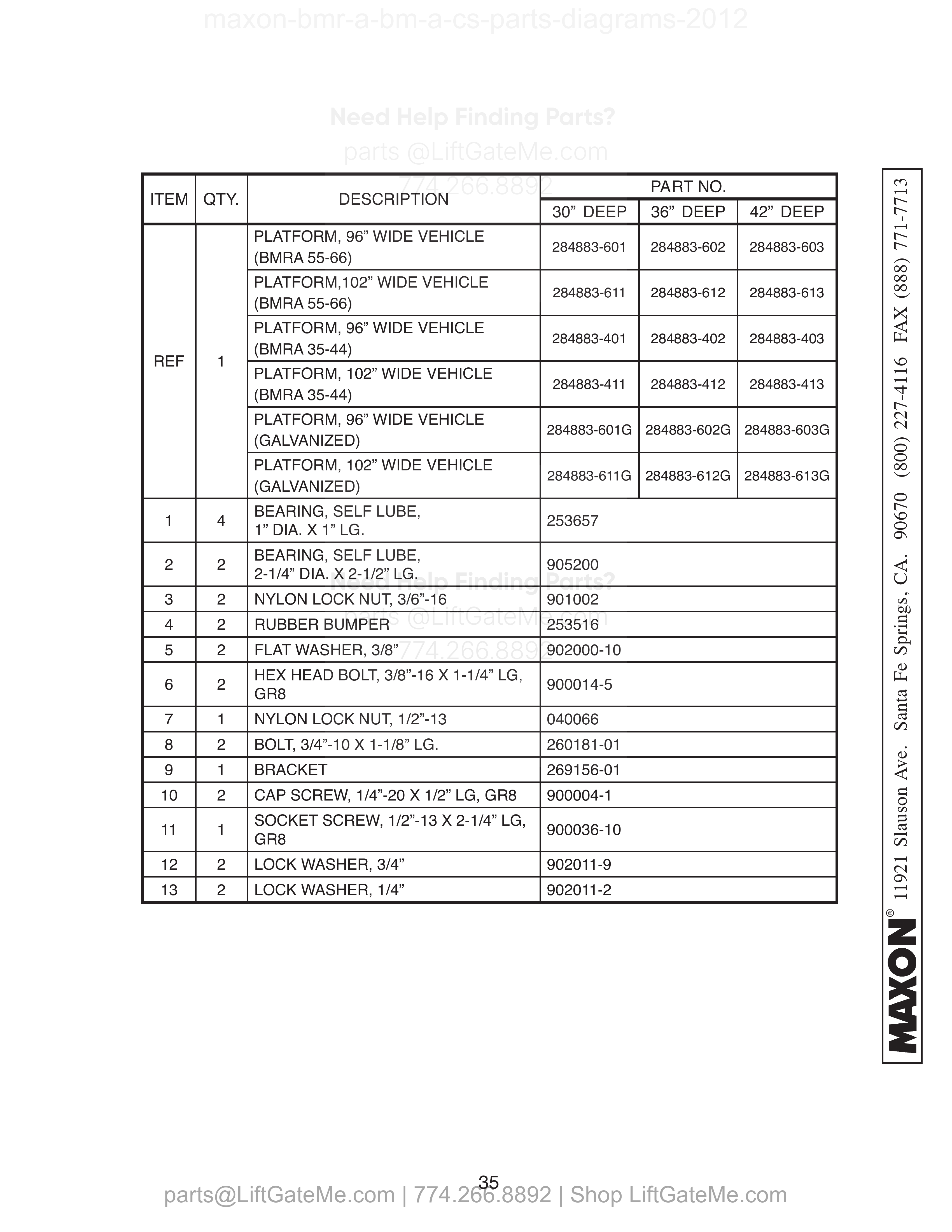 PLATFORM ASSEMBLY (STEEL) parts table